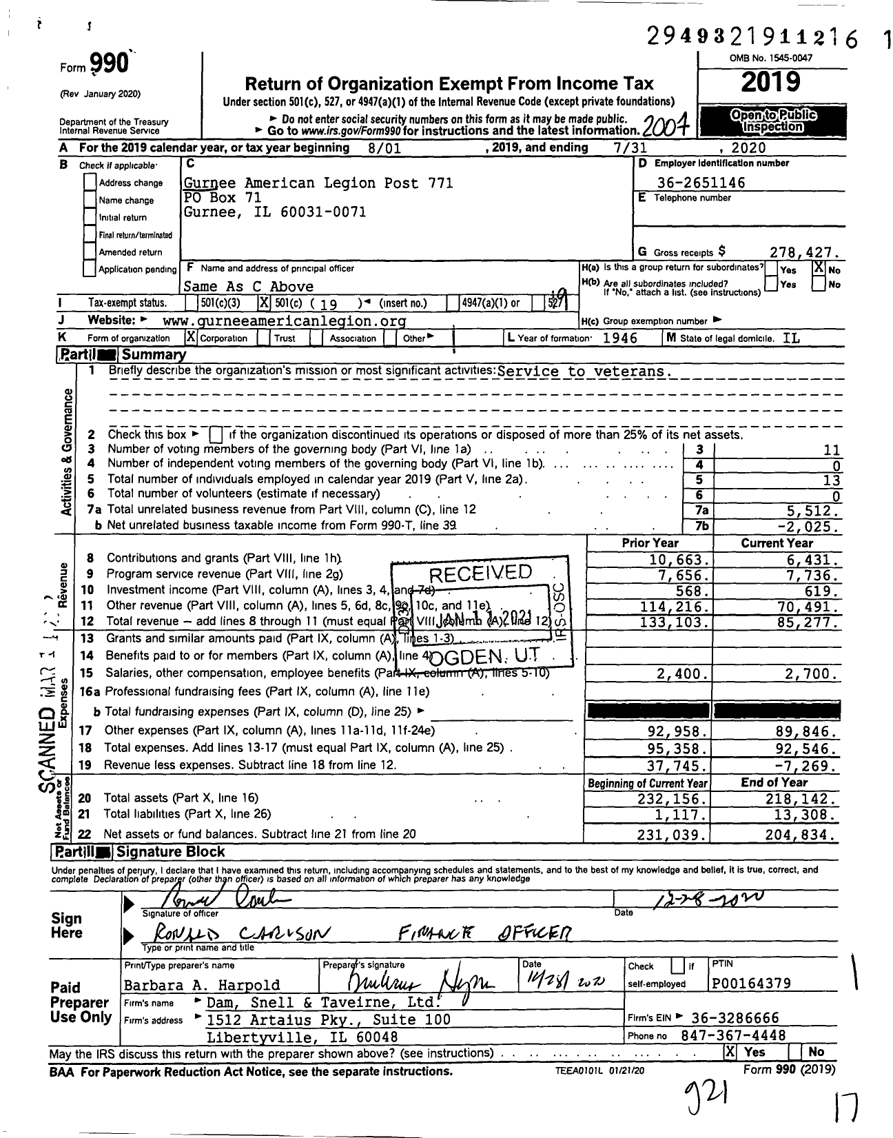 Image of first page of 2019 Form 990O for American Legion - 771 Gurnee Post