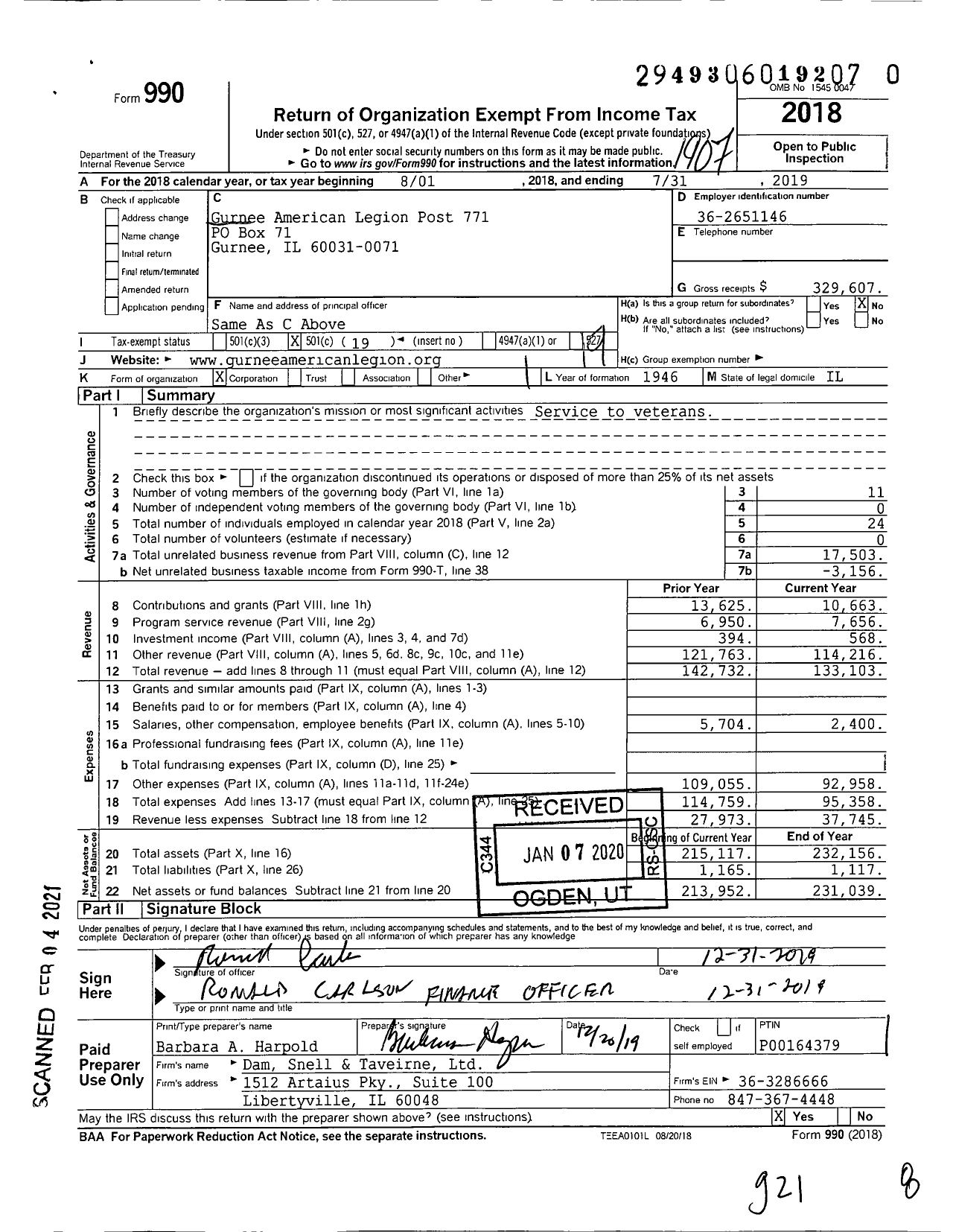 Image of first page of 2018 Form 990O for American Legion - 771 Gurnee Post