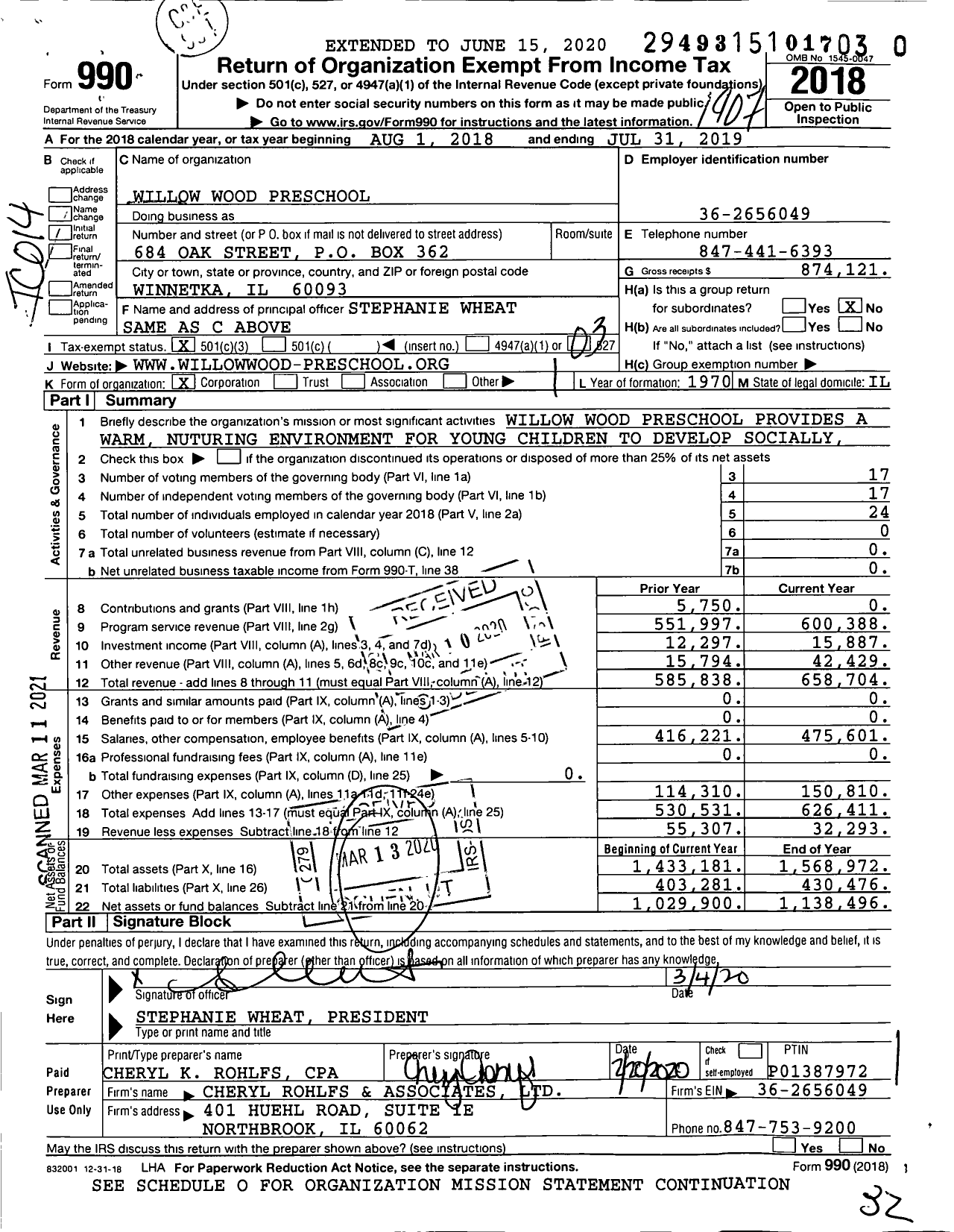 Image of first page of 2018 Form 990 for Willow Wood Preschool