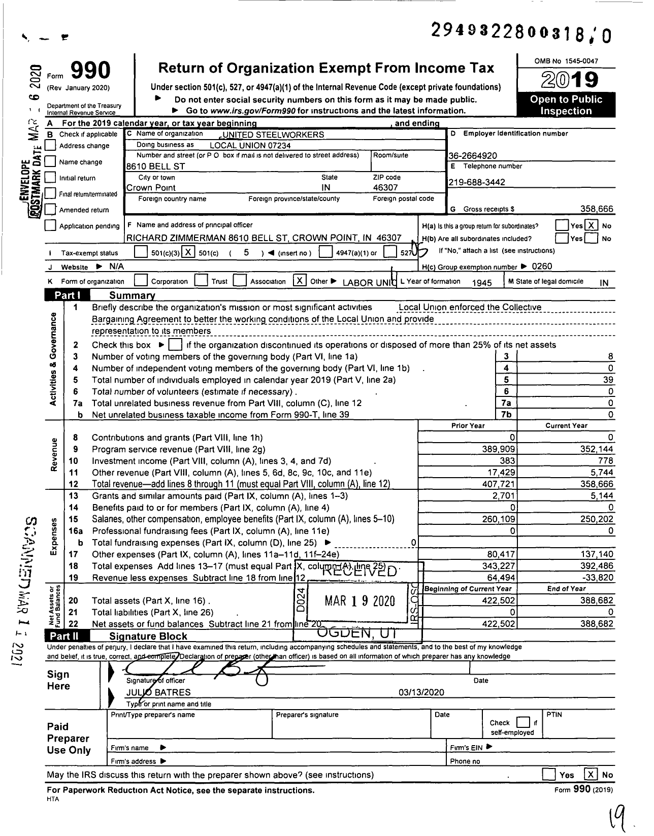 Image of first page of 2019 Form 990O for United Steelworkers - Local Union 07234