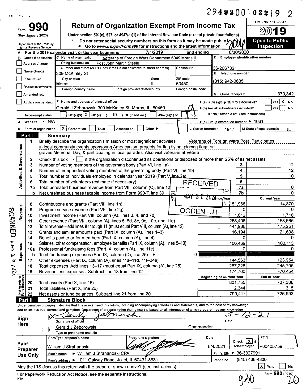 Image of first page of 2019 Form 990O for VFW Dept of Illinois - Post John Martin Steele