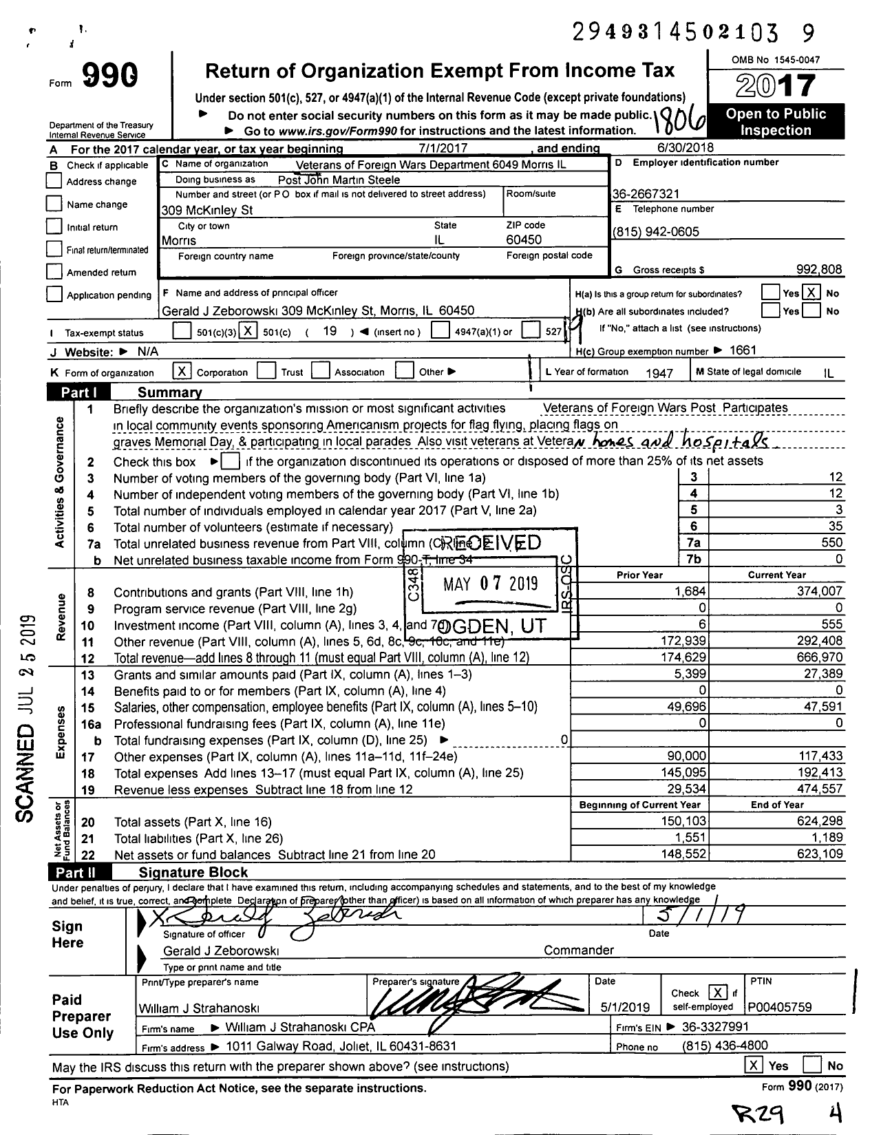 Image of first page of 2017 Form 990O for VFW Dept of Illinois - Post John Martin Steele