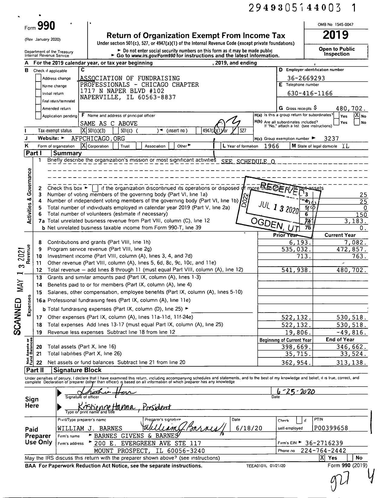 Image of first page of 2019 Form 990 for Association of Fundraising Professionals - Il Chicago Chapter