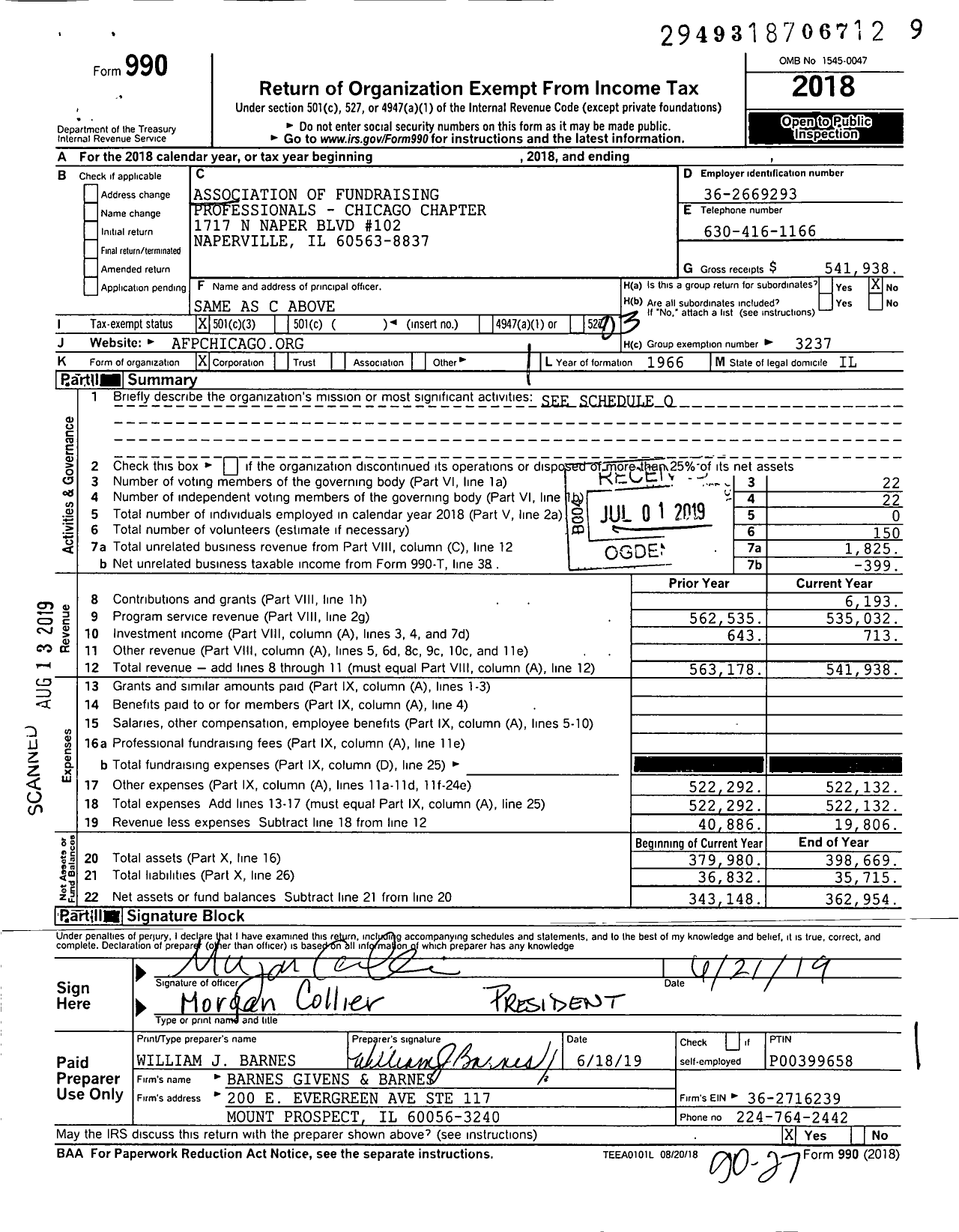 Image of first page of 2018 Form 990 for Association of Fundraising Professionals - Il Chicago Chapter