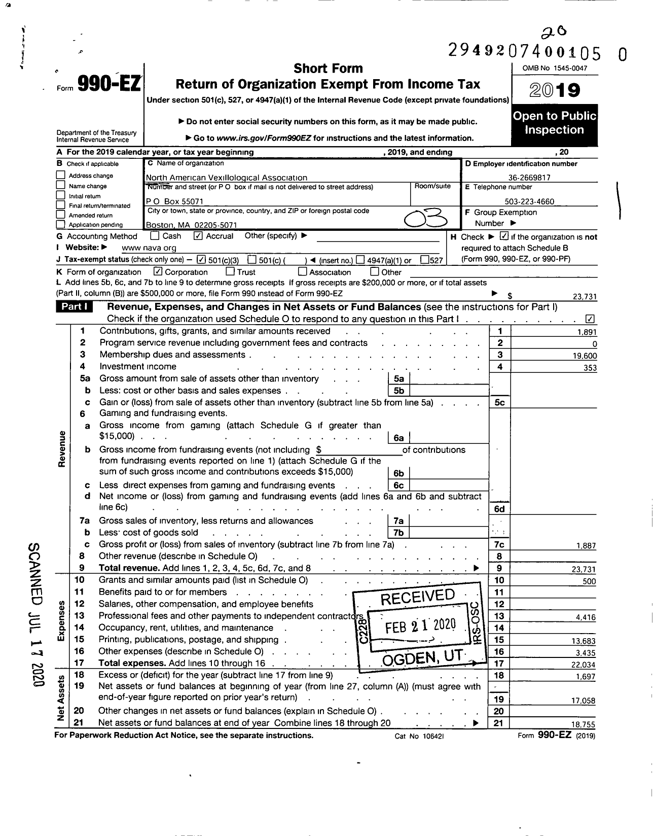 Image of first page of 2019 Form 990EZ for North American Vexillological Association