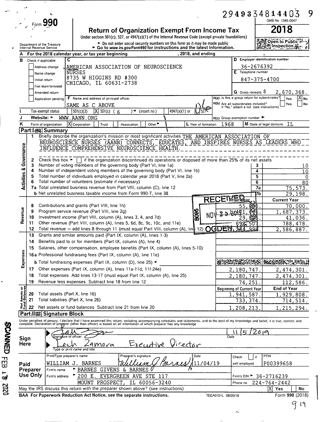 Image of first page of 2018 Form 990O for American Association of Neuroscience Nurses (AANN)