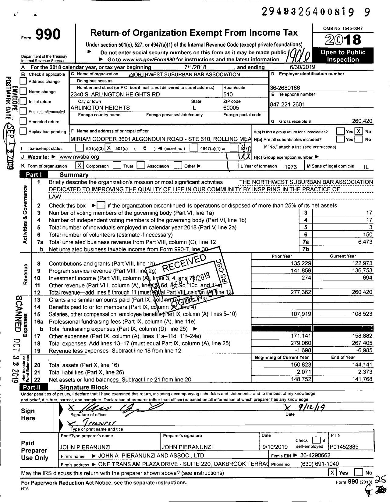 Image of first page of 2018 Form 990O for Northwest Suburban Bar Association