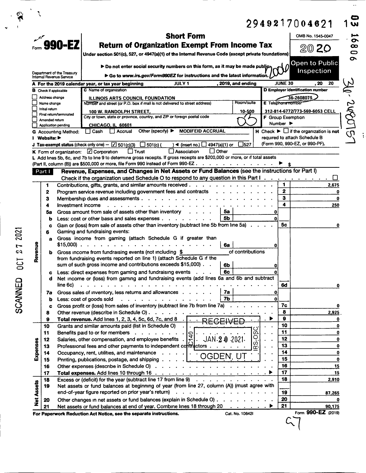 Image of first page of 2019 Form 990EZ for Illinois Arts Council Foundation