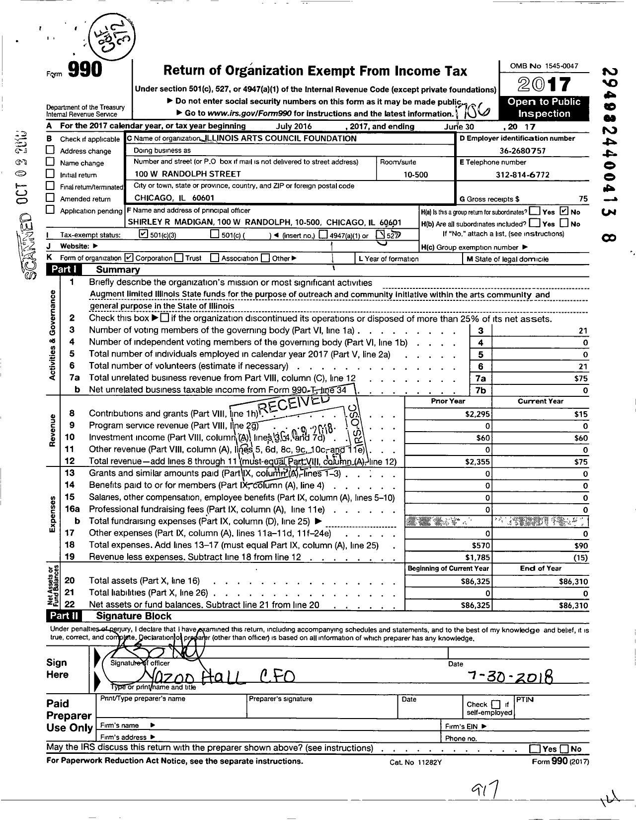 Image of first page of 2016 Form 990 for Illinois Arts Council Foundation