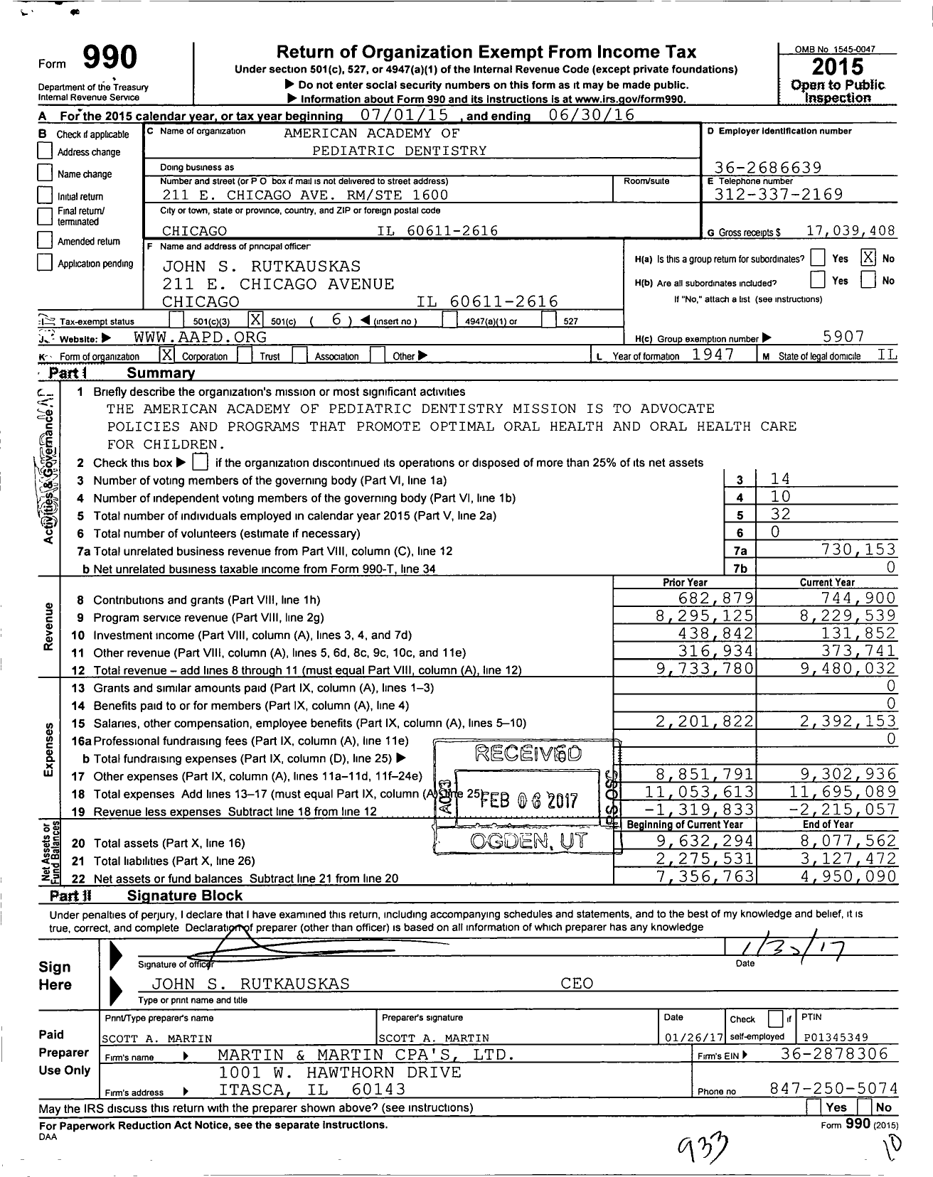 Image of first page of 2015 Form 990O for American Academy of Pediatric Dentistry