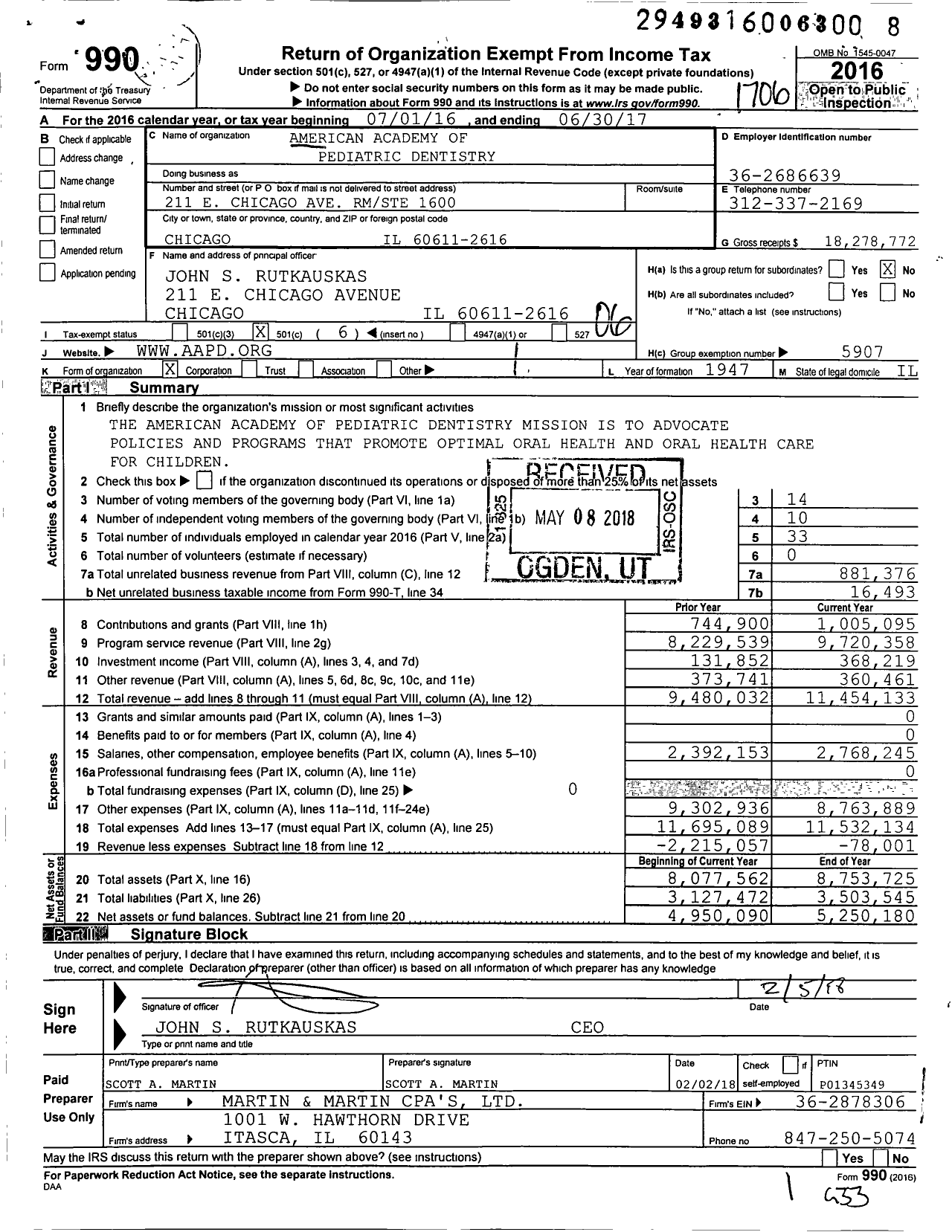 Image of first page of 2016 Form 990O for American Academy of Pediatric Dentistry