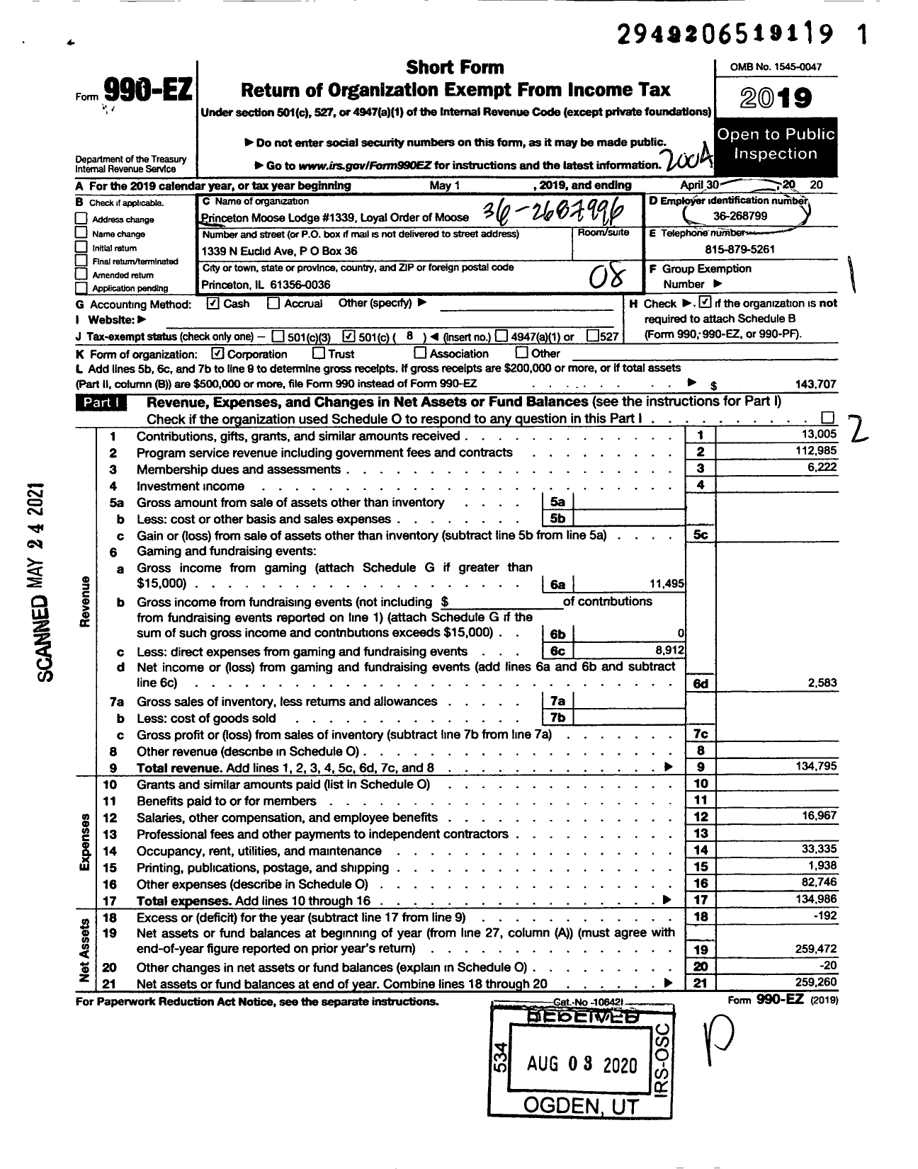 Image of first page of 2019 Form 990EO for Loyal Order of Moose - 1339