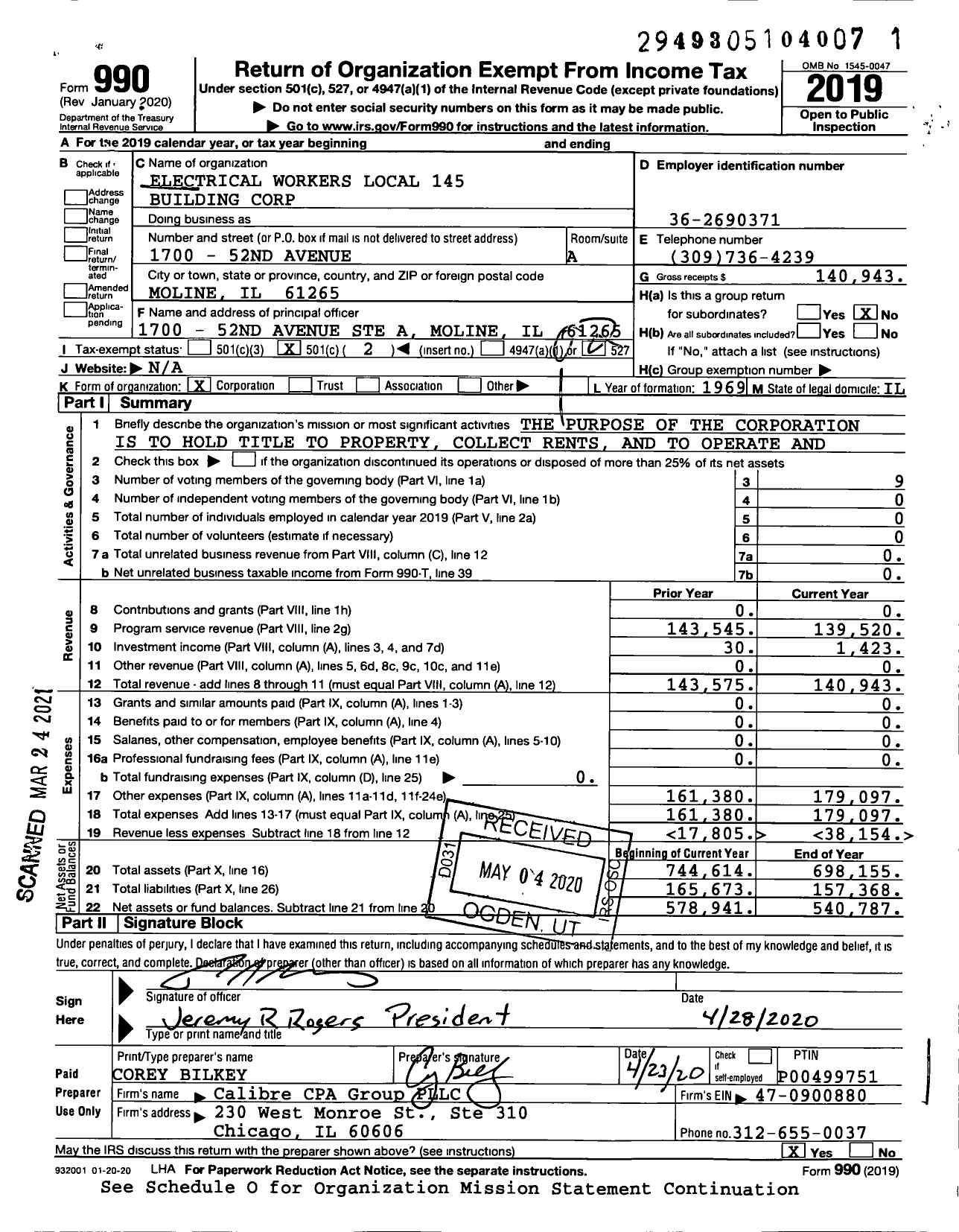 Image of first page of 2019 Form 990O for Electrical Workers Local 145 Building Corporation