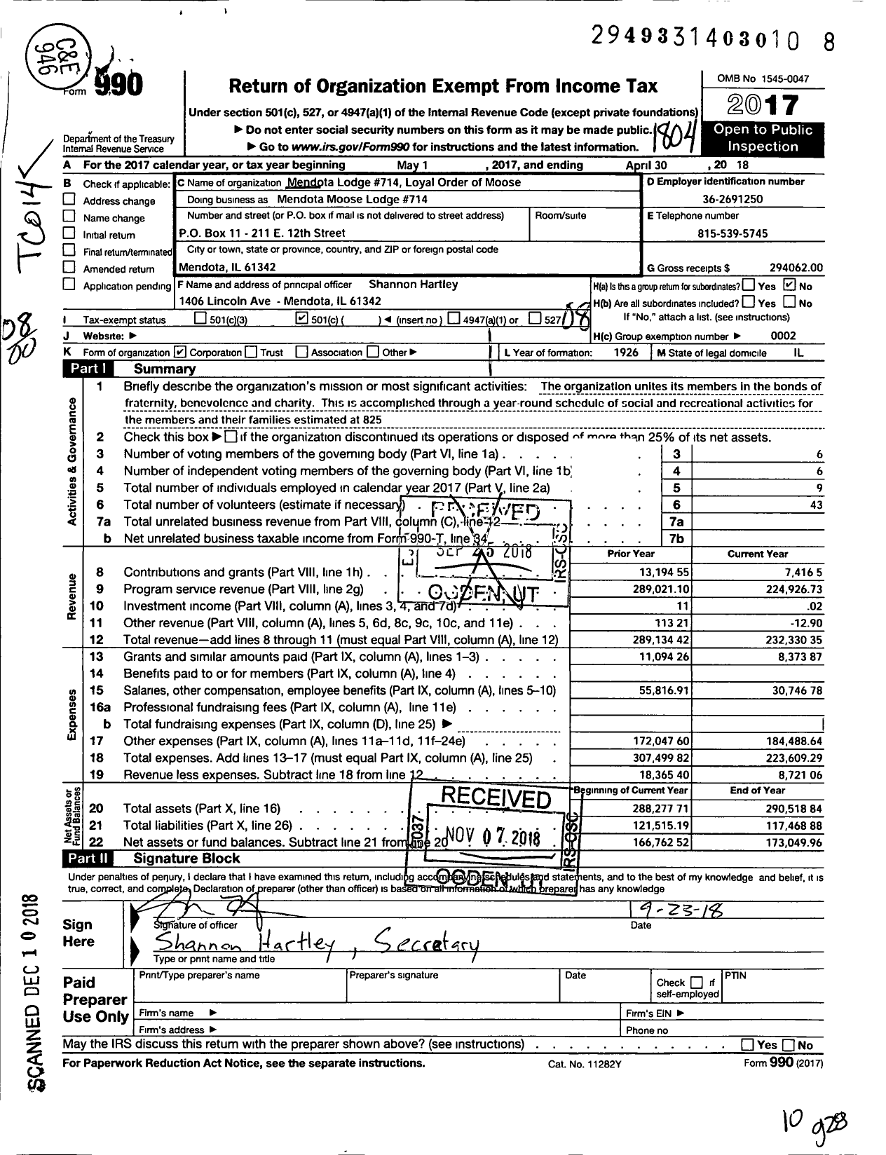 Image of first page of 2017 Form 990O for Loyal Order of Moose - Mendota Moose Lodge 714