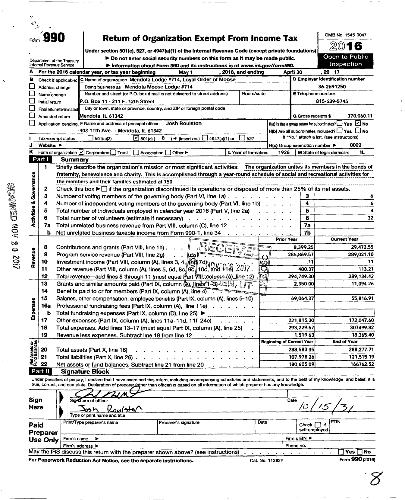 Image of first page of 2016 Form 990O for Loyal Order of Moose - Mendota Moose Lodge 714