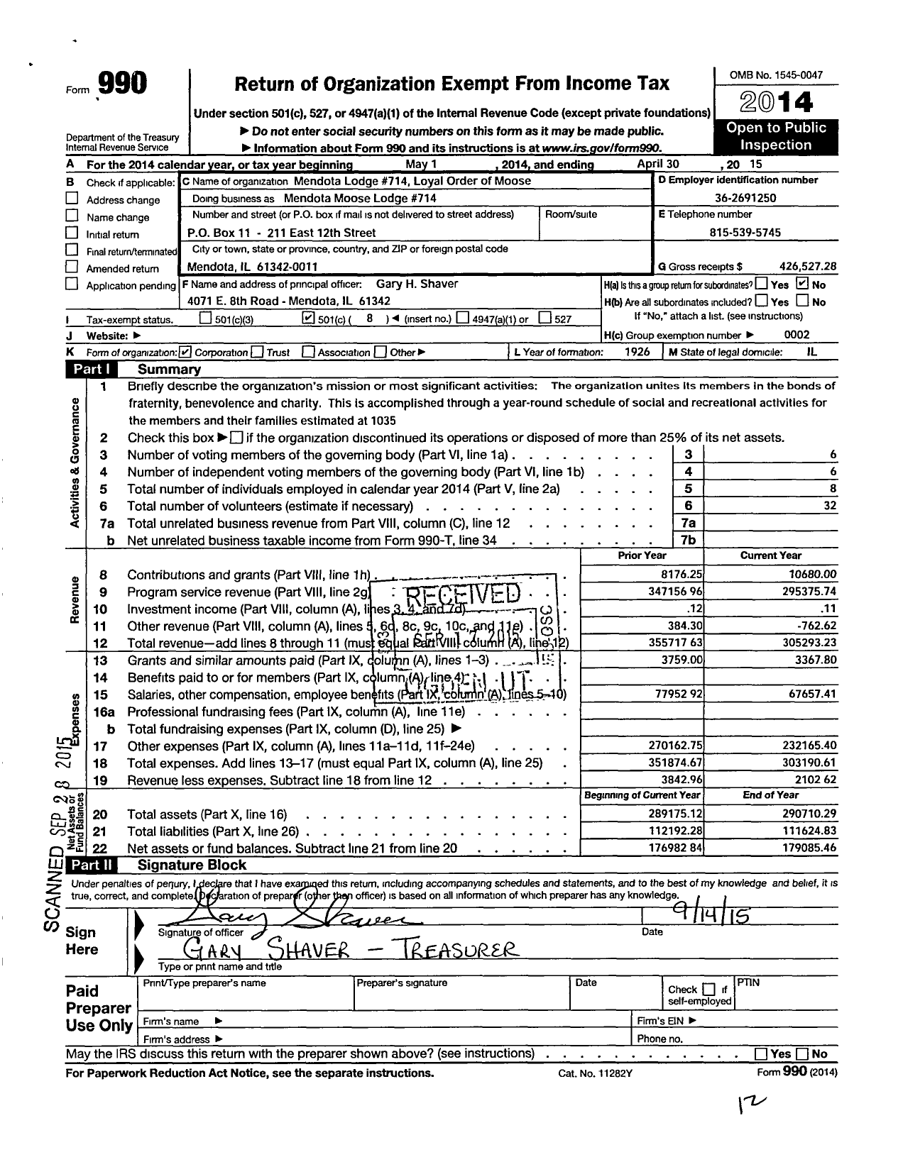 Image of first page of 2014 Form 990O for Loyal Order of Moose - Mendota Moose Lodge 714