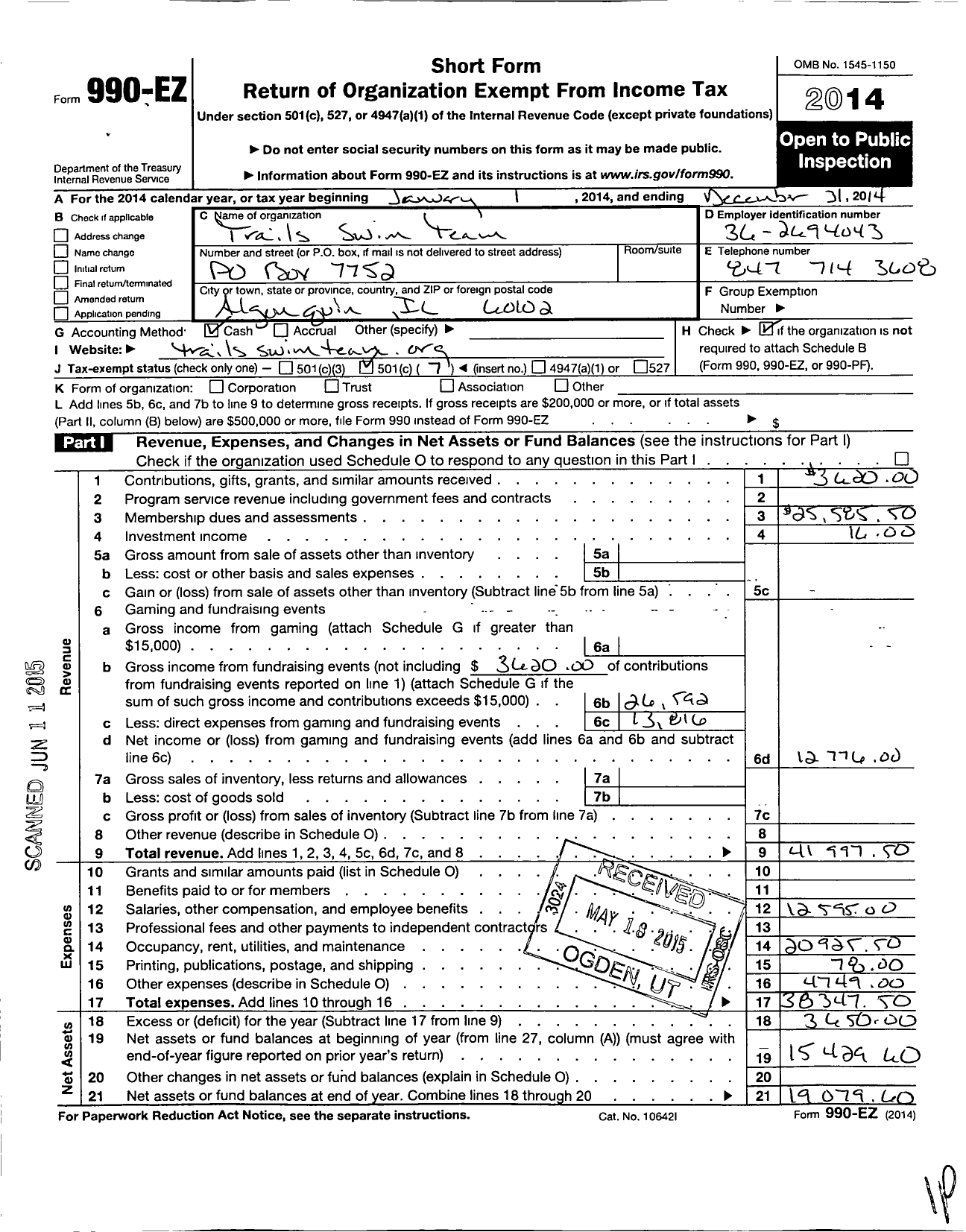 Image of first page of 2014 Form 990EO for Trails Swim and Tennis Club