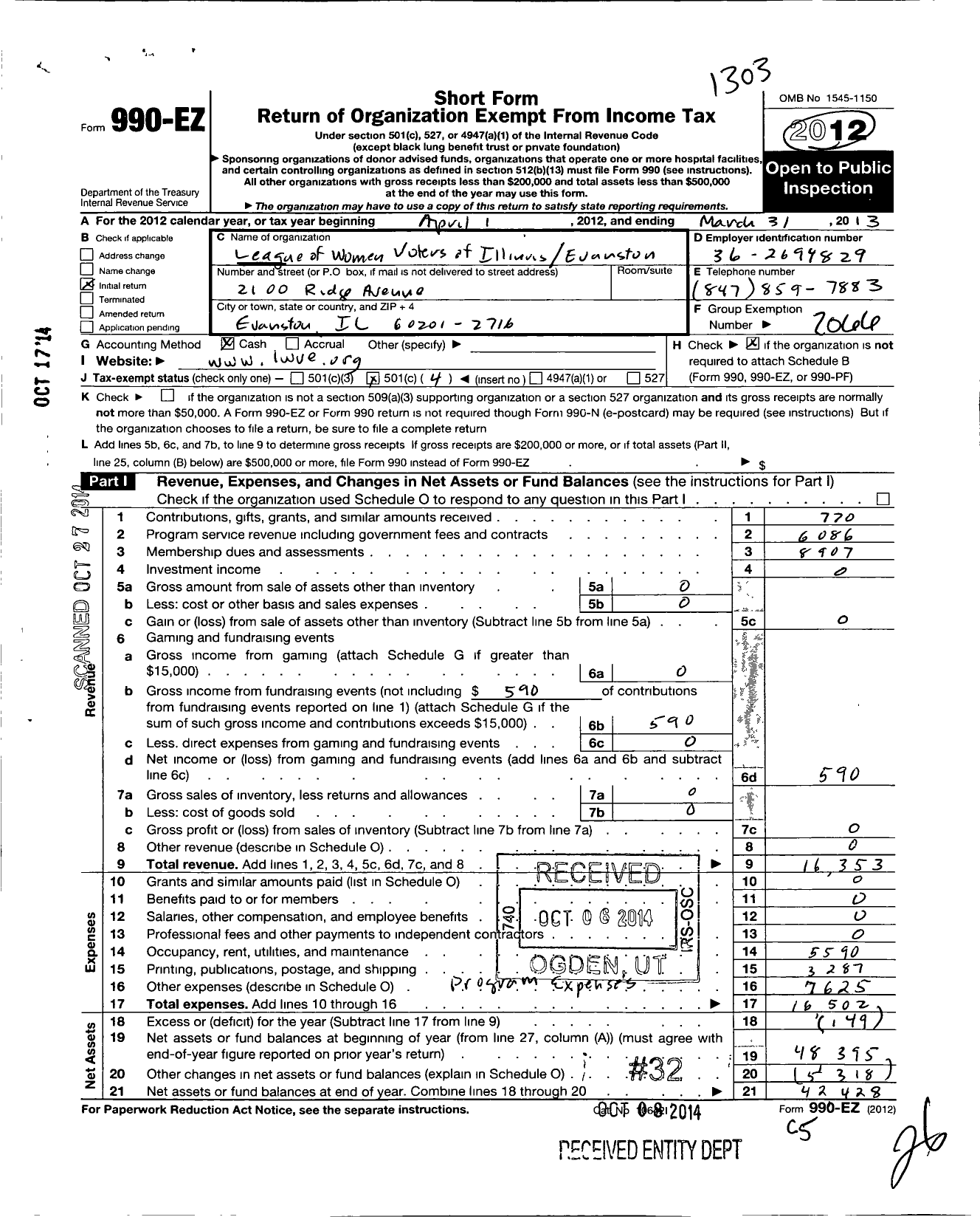 Image of first page of 2012 Form 990EO for Evanston League of Women Voters of Evanston