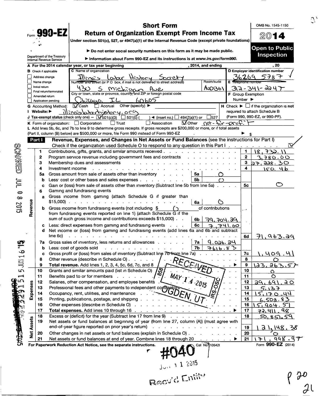 Image of first page of 2014 Form 990EZ for Illinois Labor History Society