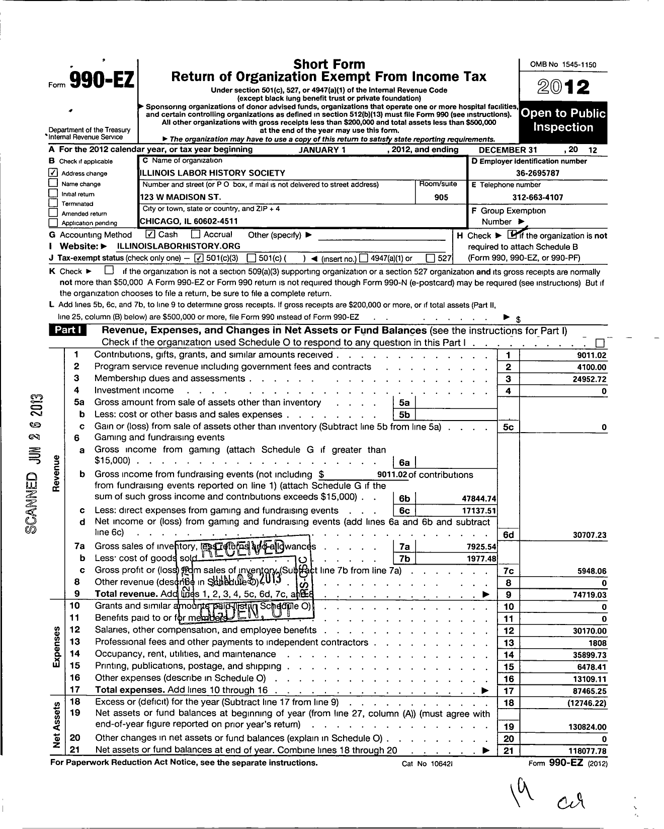 Image of first page of 2012 Form 990EZ for Illinois Labor History Society