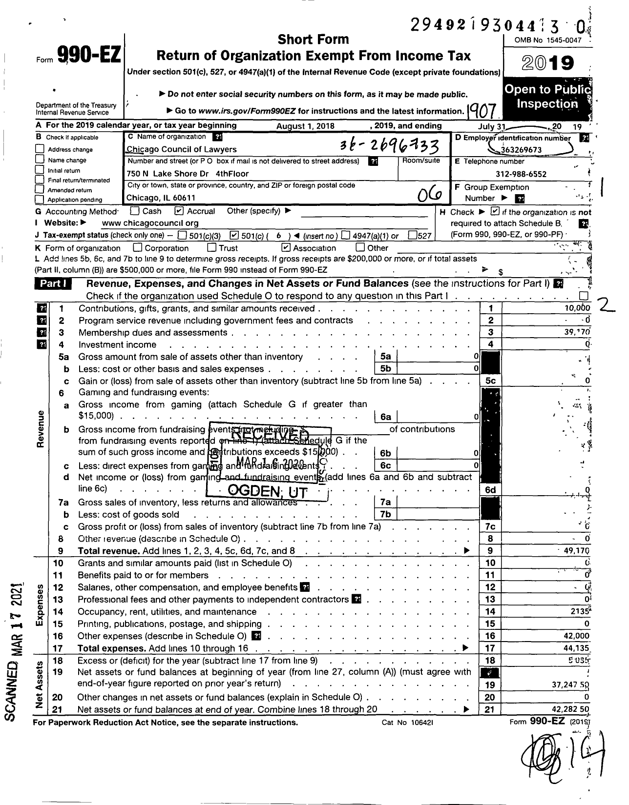 Image of first page of 2018 Form 990EO for Chicago Council of Lawyers