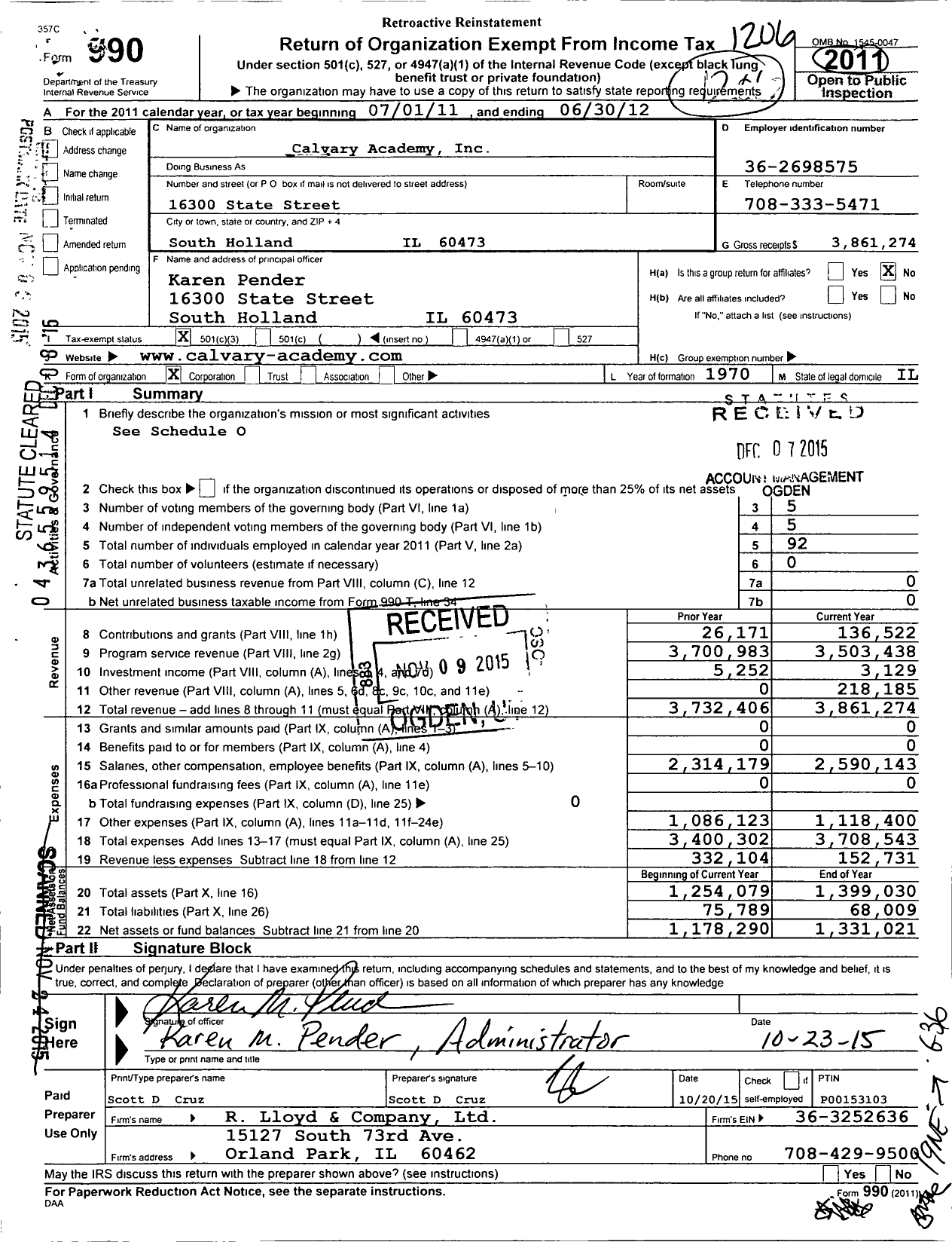 Image of first page of 2011 Form 990 for Calvary Academy
