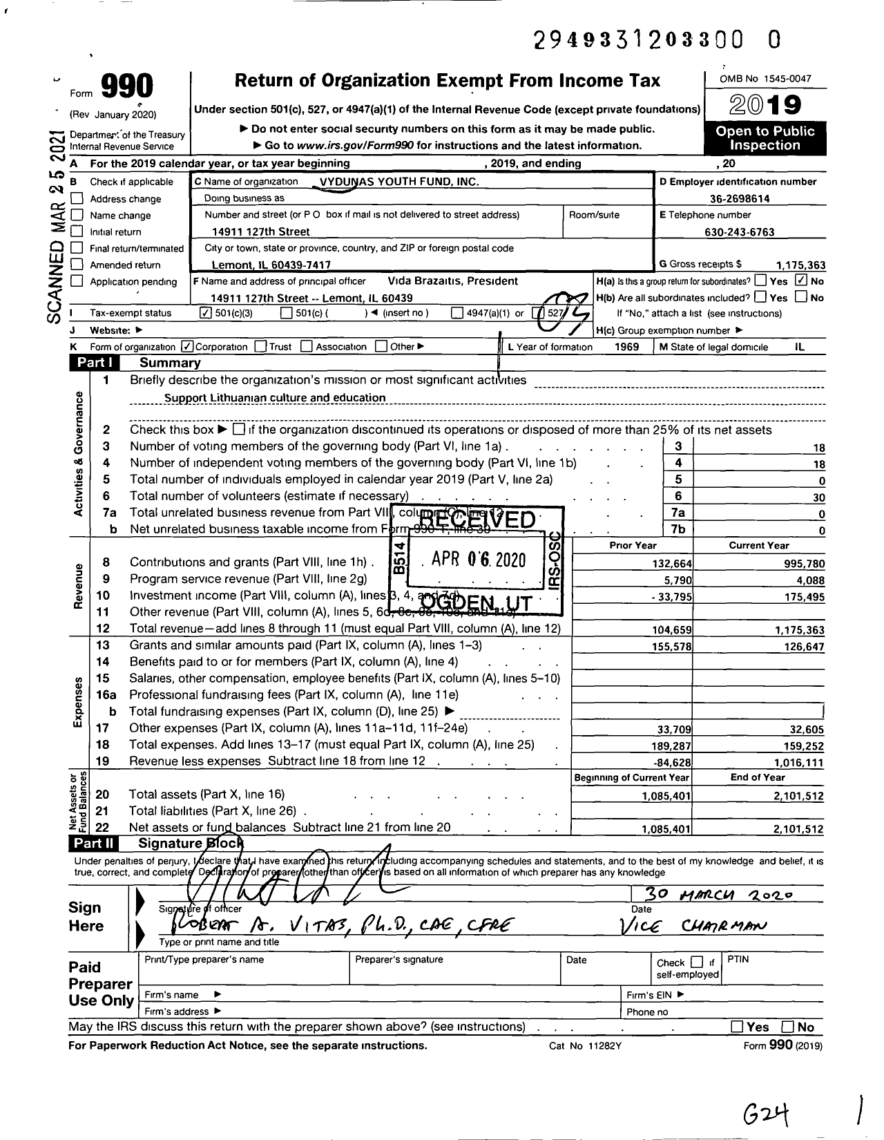 Image of first page of 2019 Form 990 for Vydunas Youth Fund