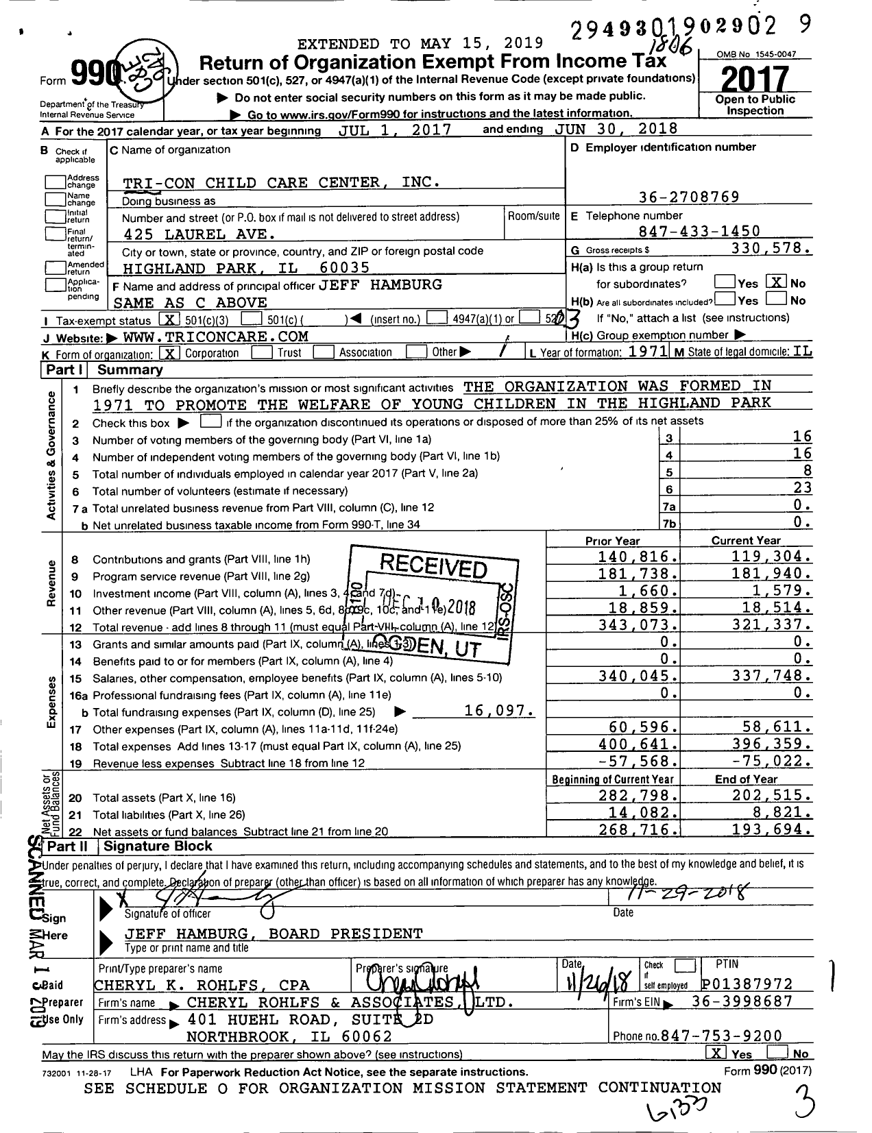 Image of first page of 2017 Form 990 for Tri-Con Child Care Center