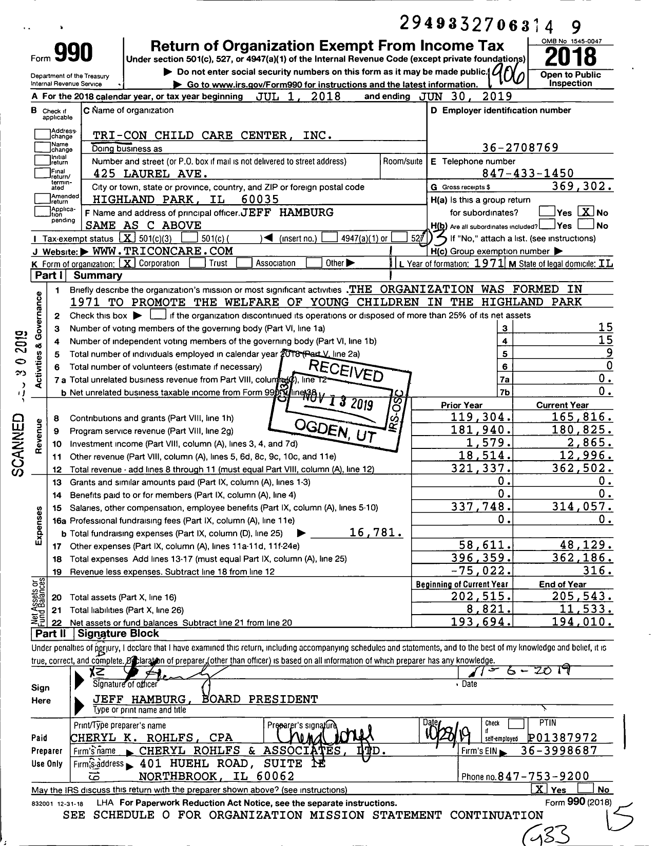 Image of first page of 2018 Form 990 for Tri-Con Child Care Center