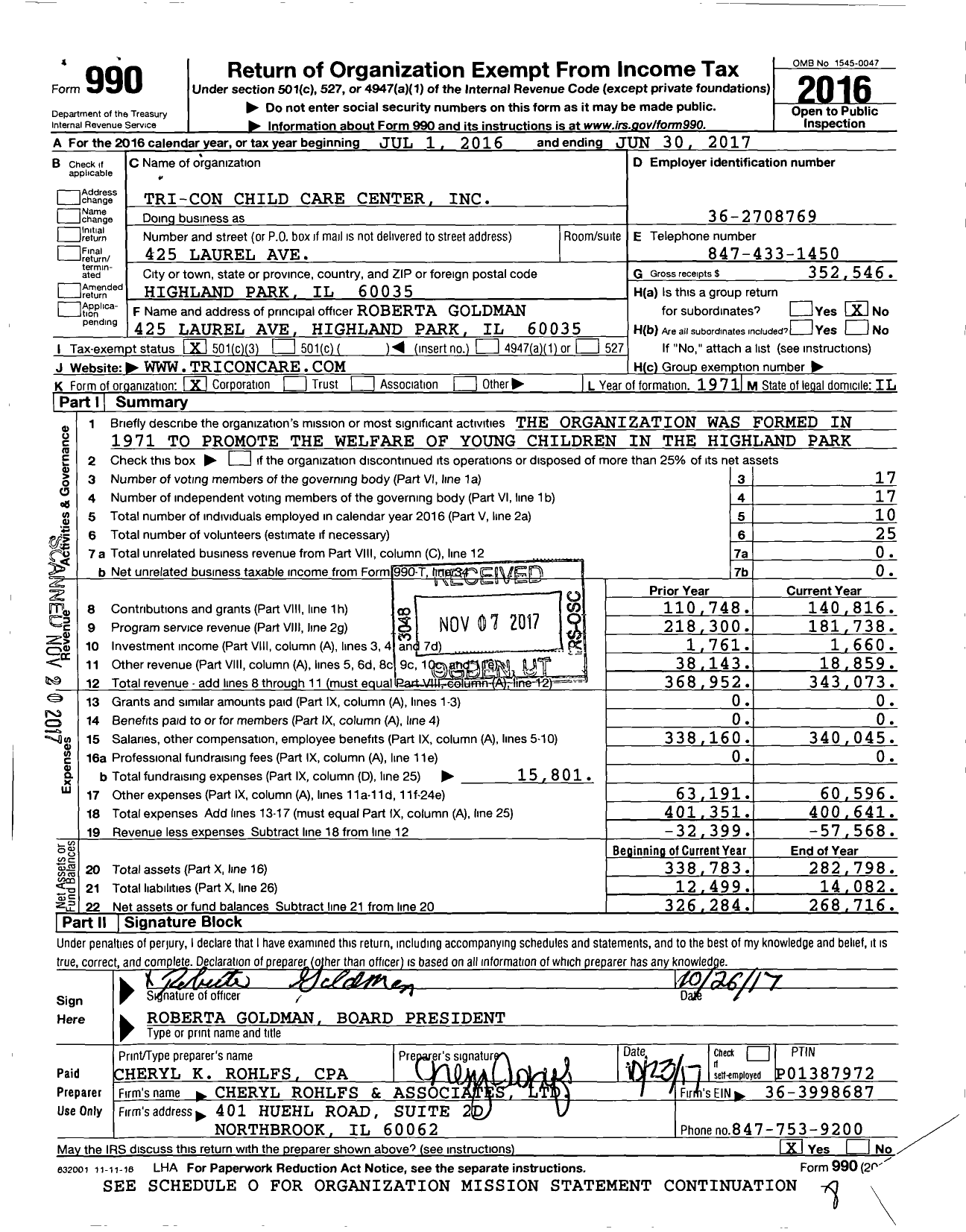 Image of first page of 2016 Form 990 for Tri-Con Child Care Center