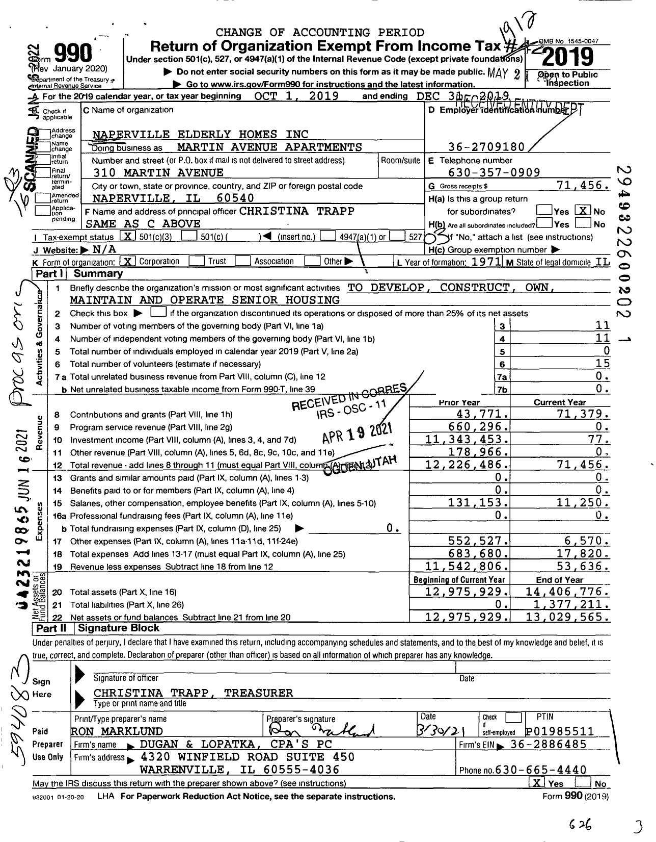 Image of first page of 2019 Form 990 for Martin Avenue Apartments