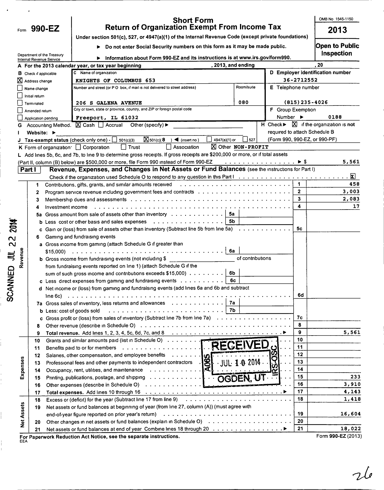 Image of first page of 2013 Form 990EO for Knights of Columbus - 653 Freeport Council