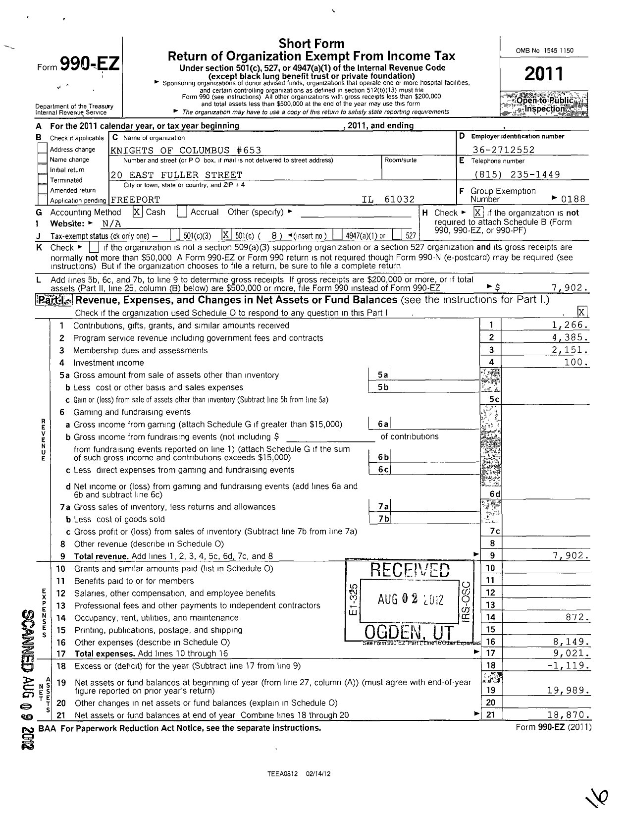 Image of first page of 2011 Form 990EO for Knights of Columbus - 653 Freeport Council