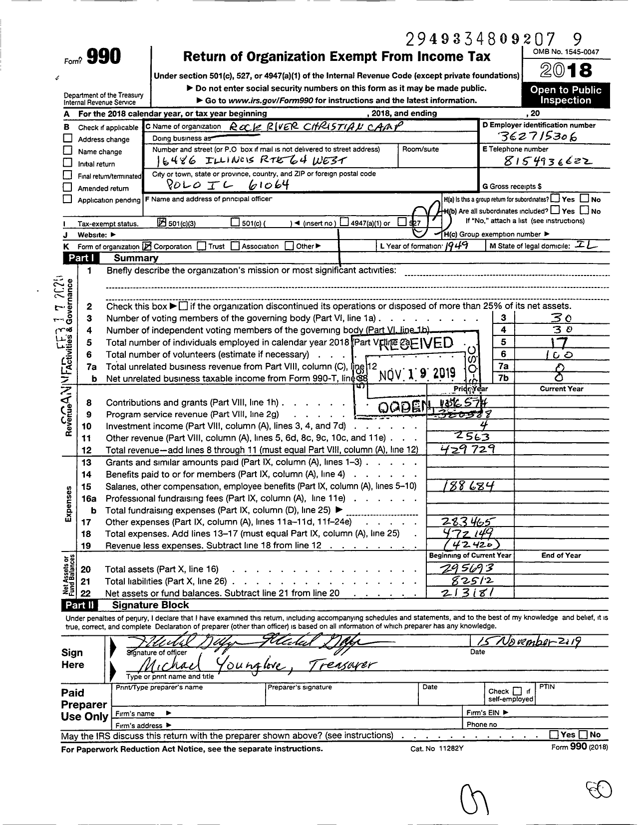 Image of first page of 2018 Form 990 for Rock River Christian Camp