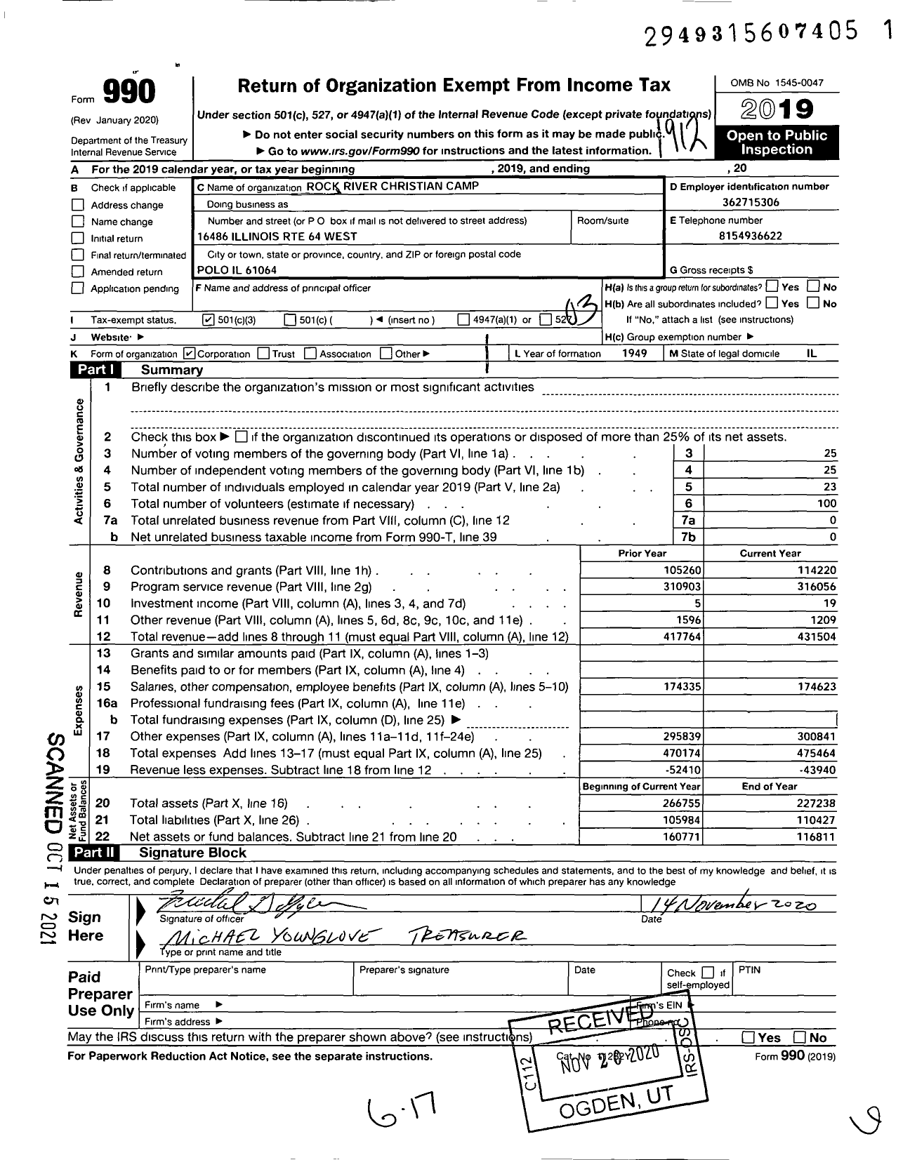 Image of first page of 2019 Form 990 for Rock River Christian Camp