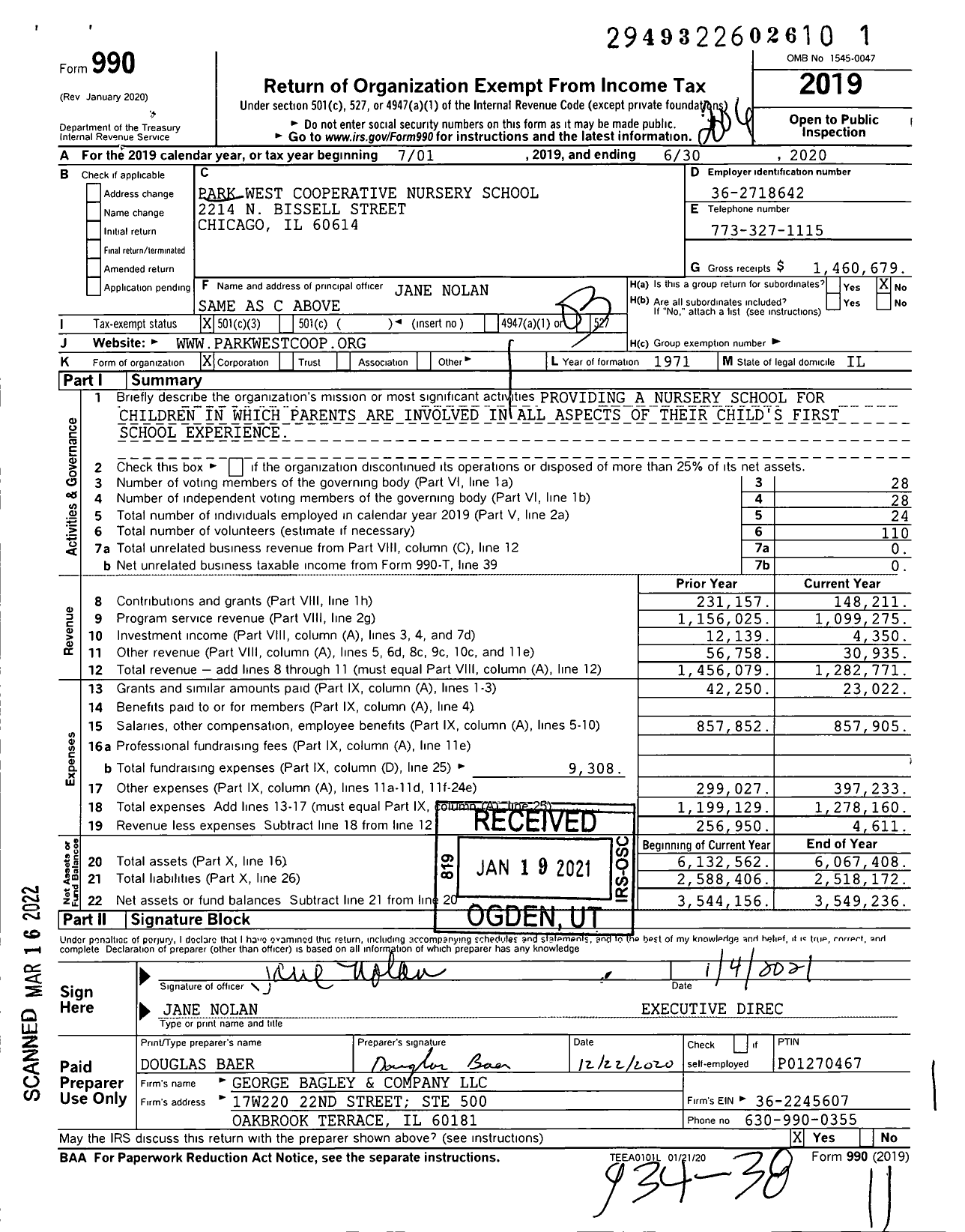 Image of first page of 2019 Form 990 for Park West Cooperative Nursery School