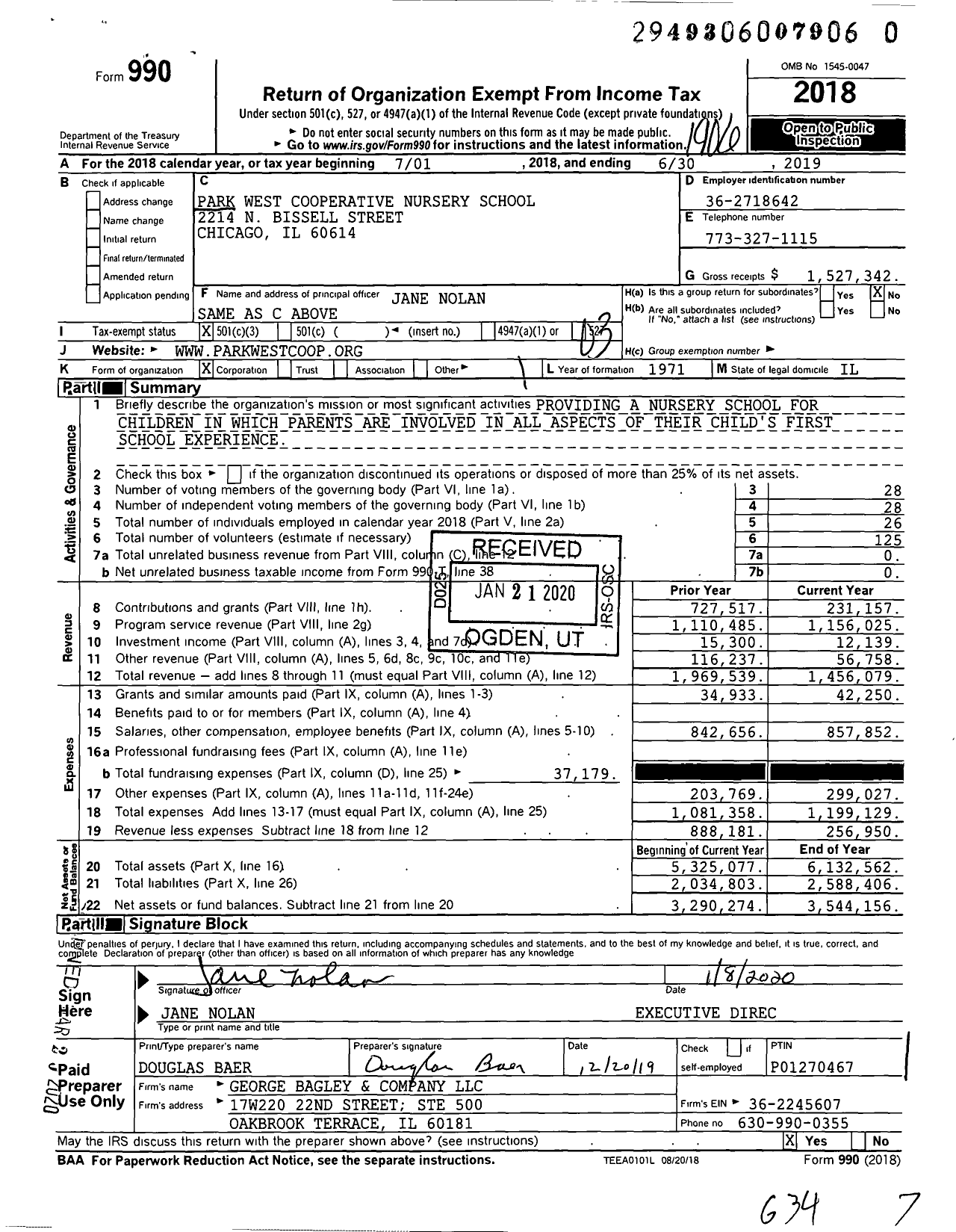 Image of first page of 2018 Form 990 for Park West Cooperative Nursery School