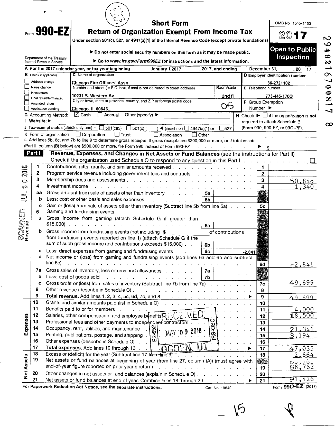 Image of first page of 2017 Form 990EO for Chicago Fire Officers Association