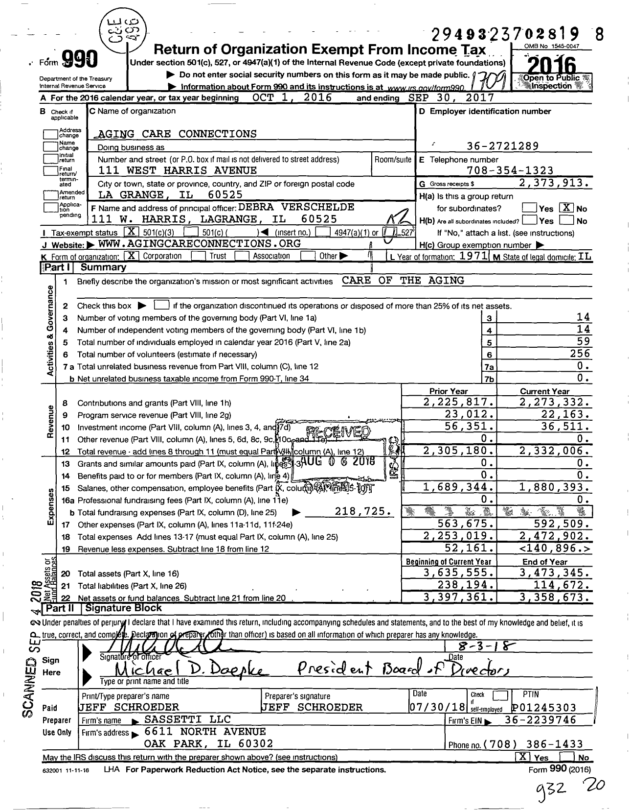 Image of first page of 2016 Form 990 for Aging Care Connections