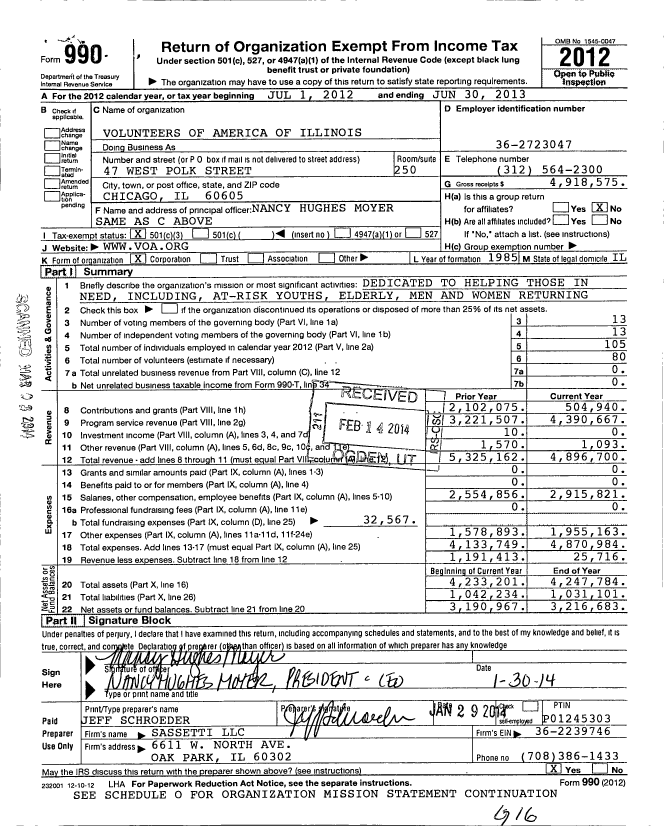 Image of first page of 2012 Form 990 for Volunteers of America of Illinois (VOA of IL)