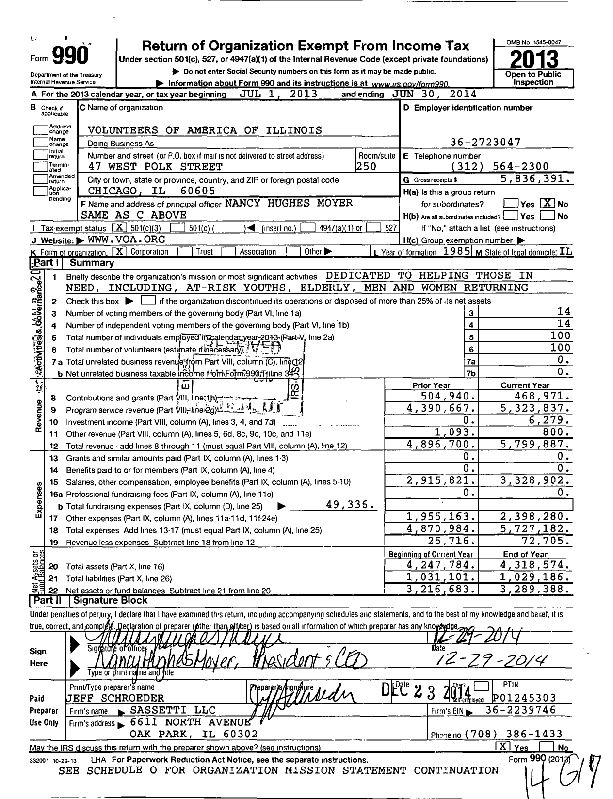 Image of first page of 2013 Form 990 for Volunteers of America of Illinois (VOA of IL)