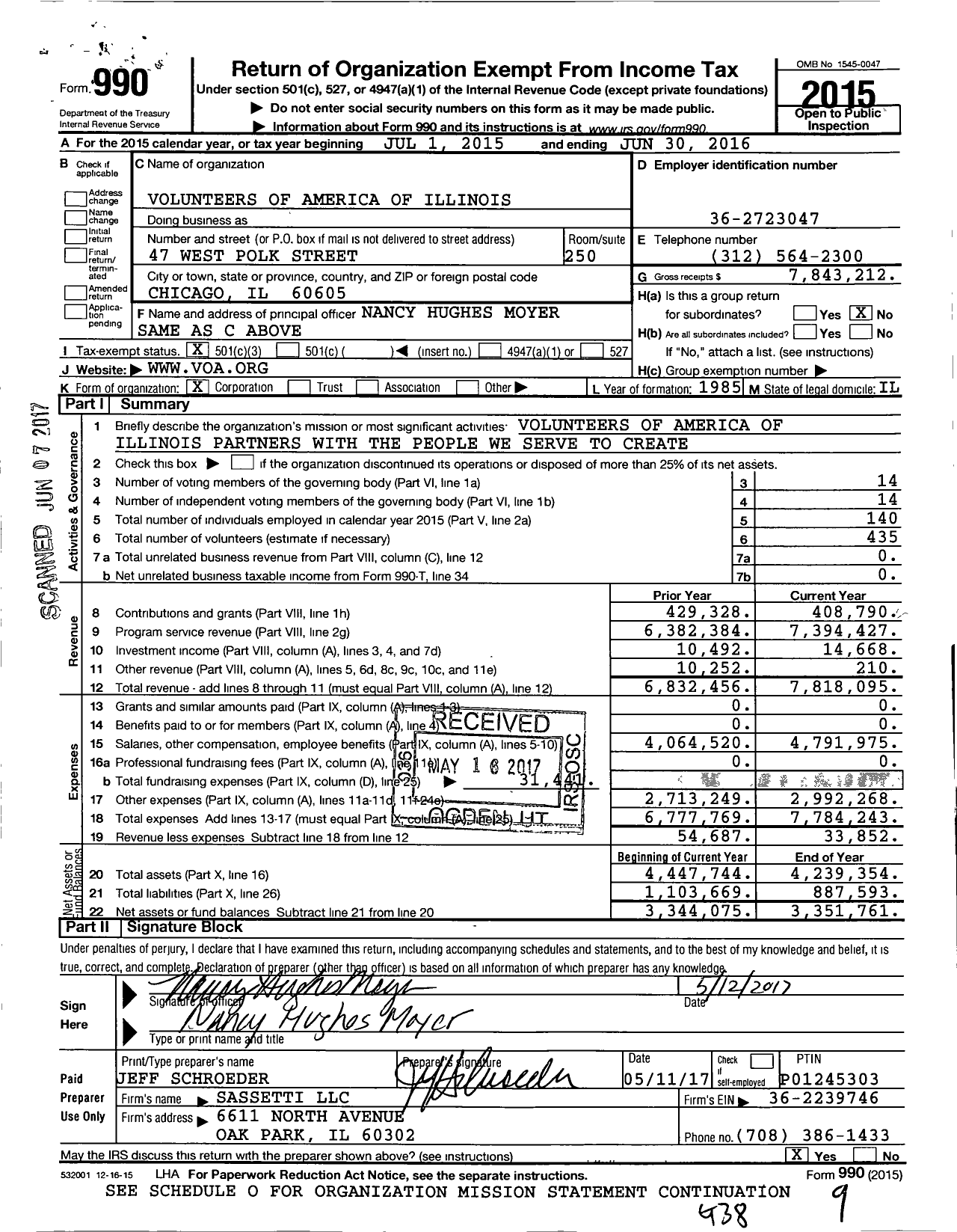 Image of first page of 2015 Form 990 for Volunteers of America of Illinois (VOA of IL)