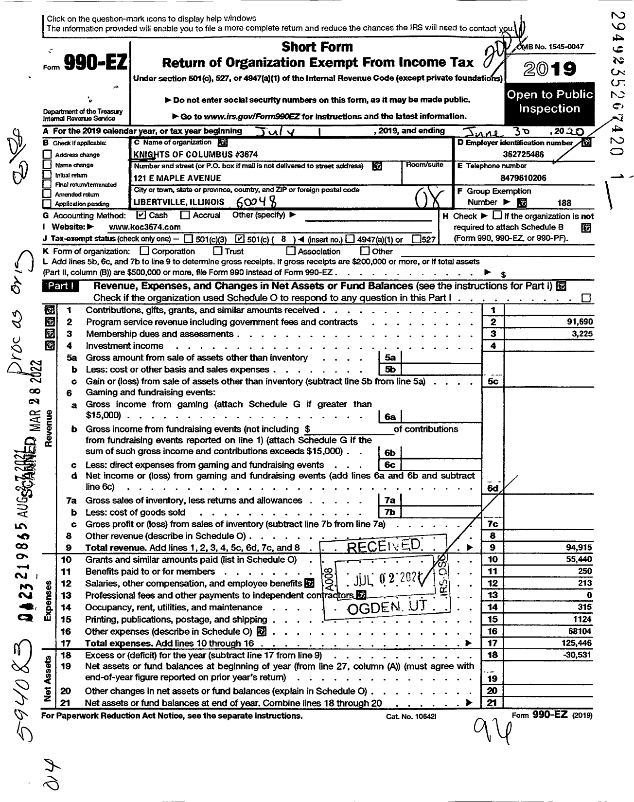 Image of first page of 2019 Form 990EO for Knights of Columbus - 3674 Cardinal Stritch Council