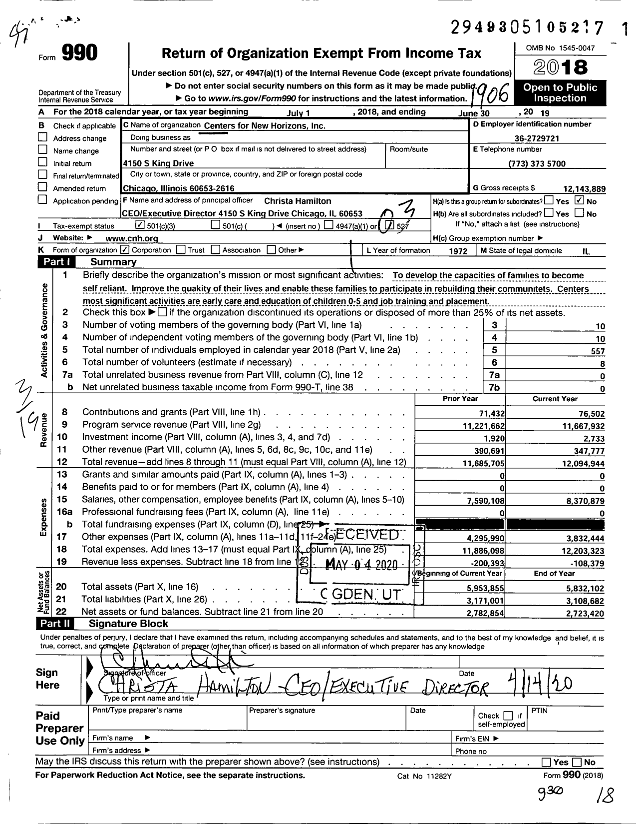 Image of first page of 2018 Form 990 for Centers for New Horizons (CNH)