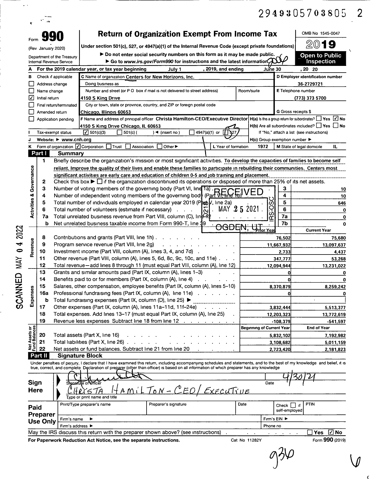 Image of first page of 2019 Form 990 for Centers for New Horizons (CNH)