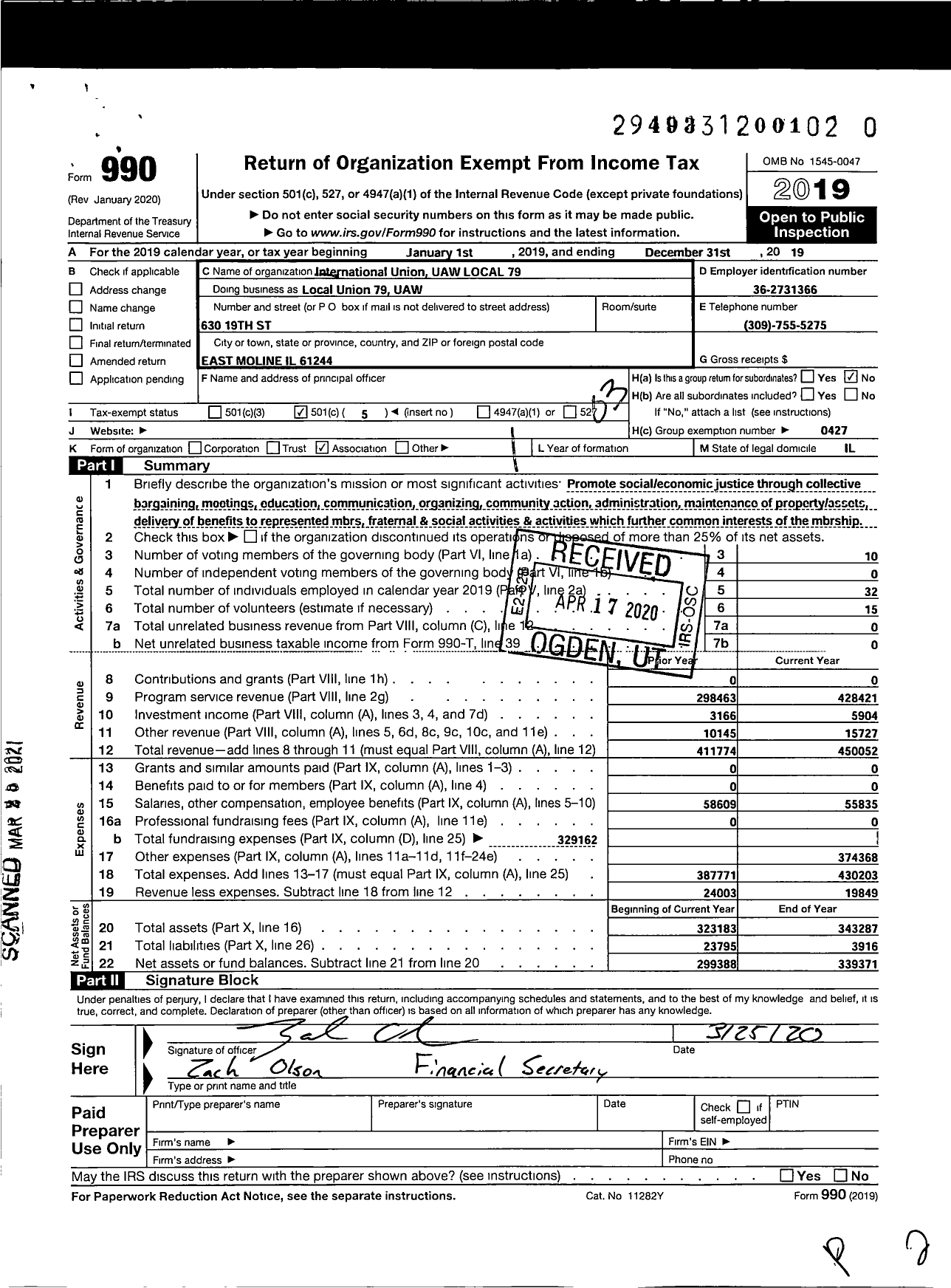 Image of first page of 2019 Form 990 for UAW - International Union UAW Local 79