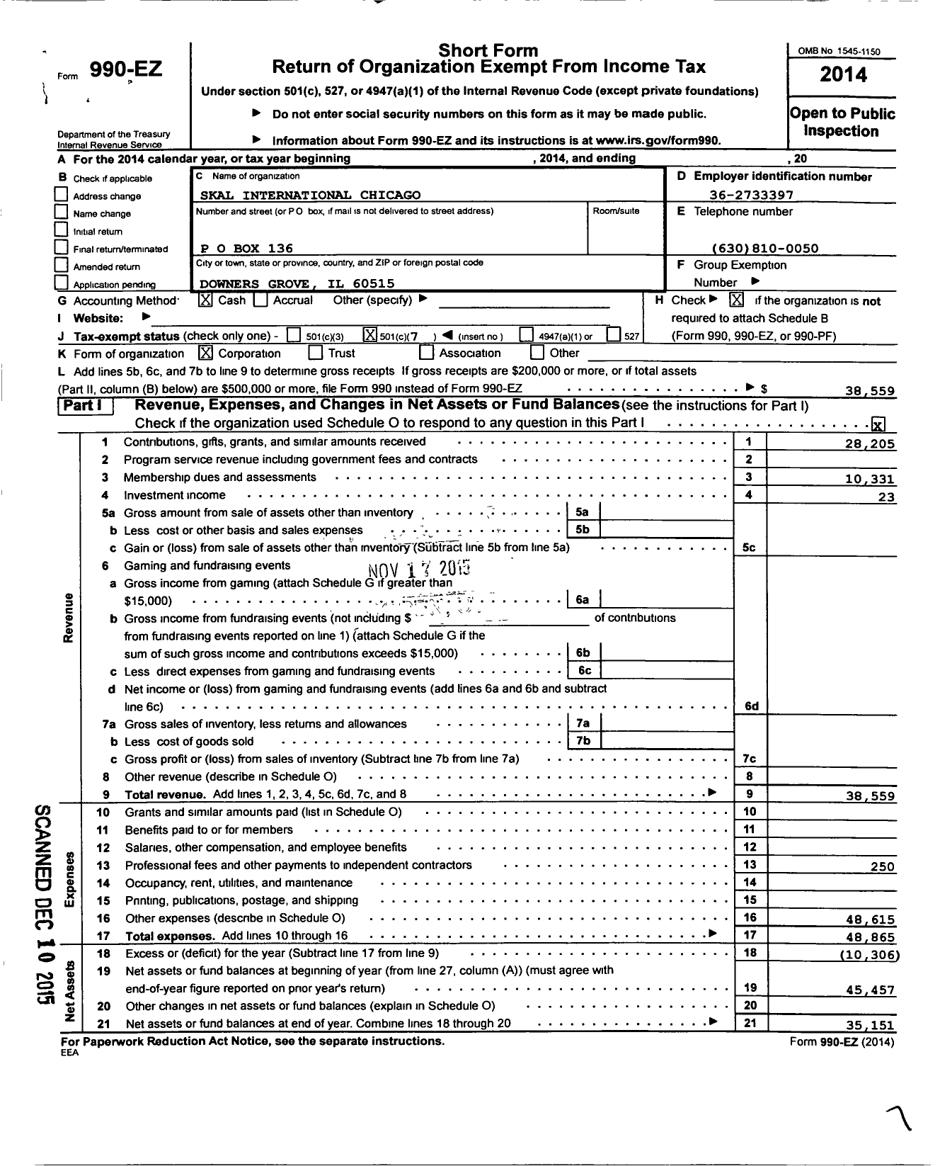 Image of first page of 2014 Form 990EO for Skal International Chicago