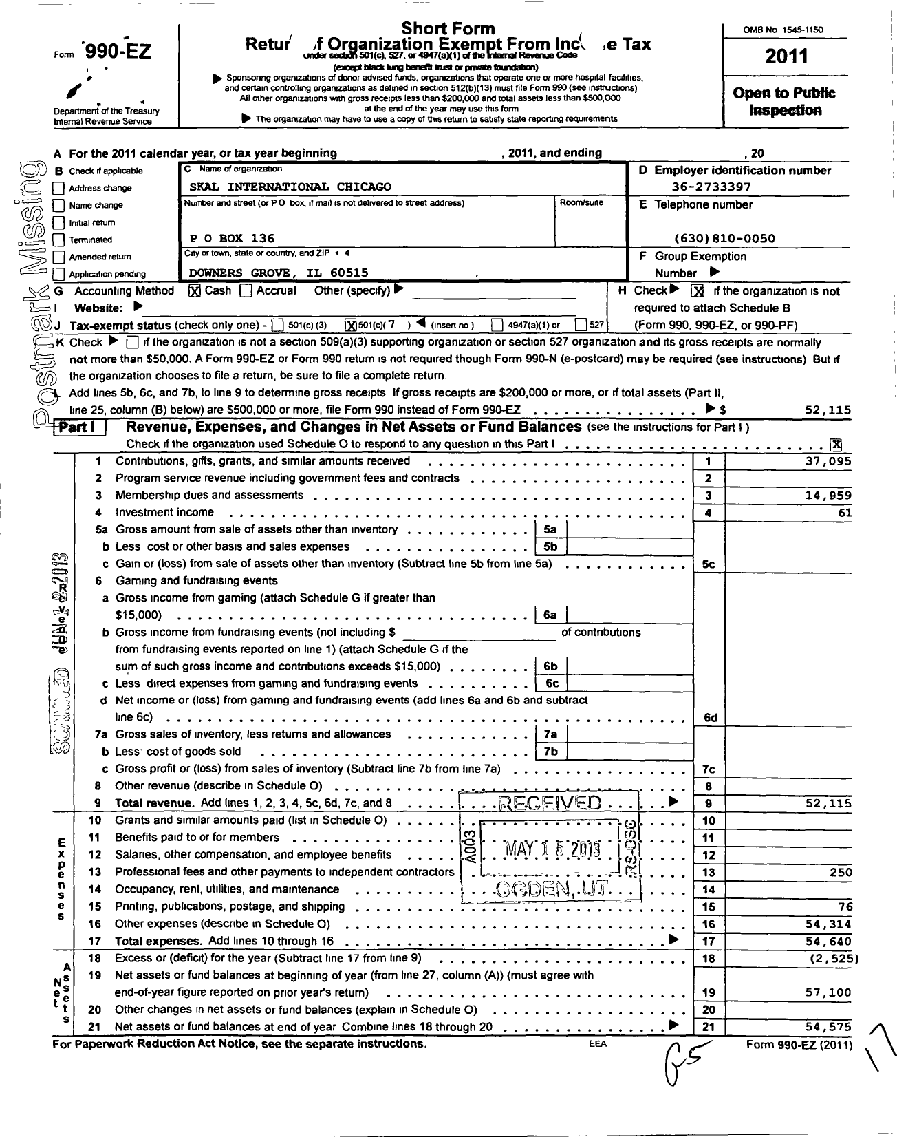 Image of first page of 2011 Form 990EO for Skal International Chicago