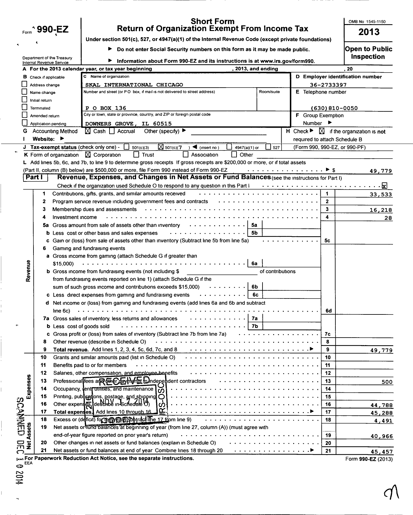 Image of first page of 2013 Form 990EO for Skal International Chicago