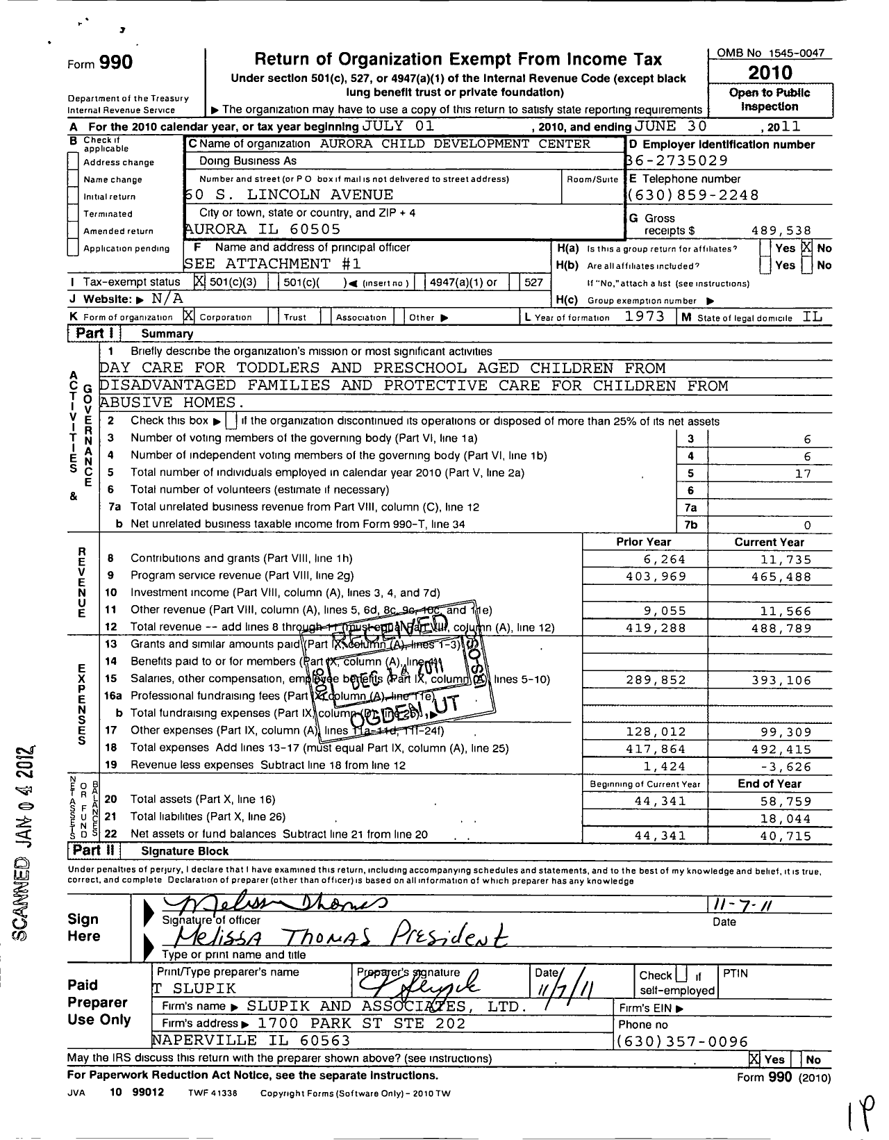 Image of first page of 2010 Form 990 for Aurora Child Development Center